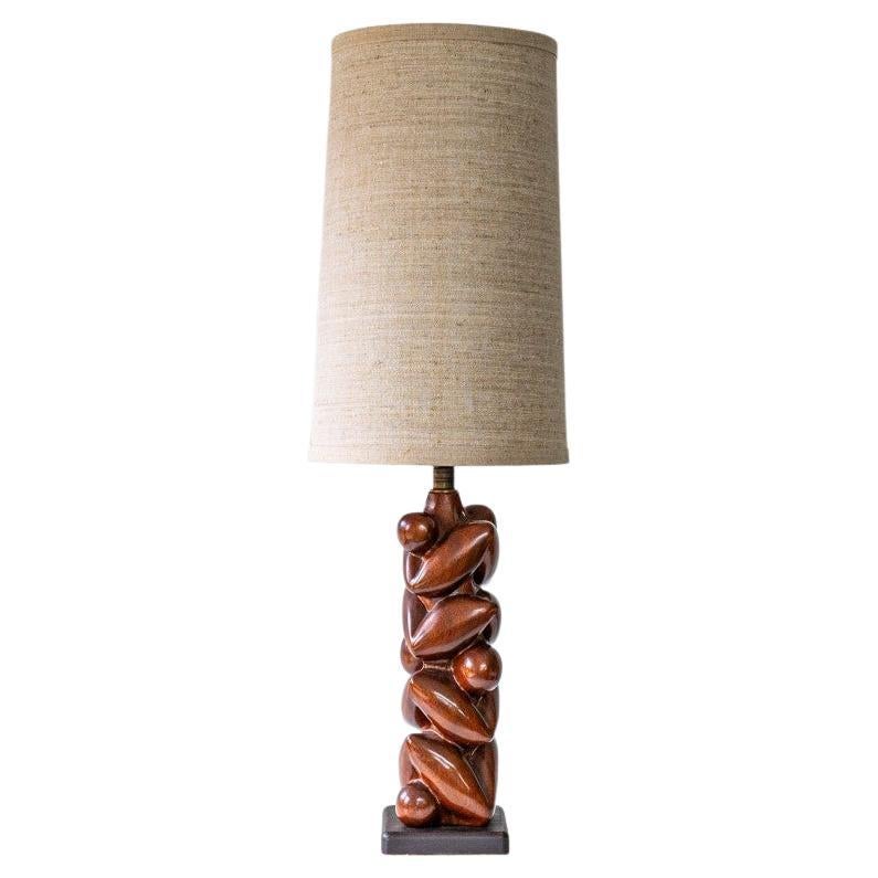 Danish Sculptural Wooden Floor Table Lamp, Custom Made Lampshade by R. Houben For Sale