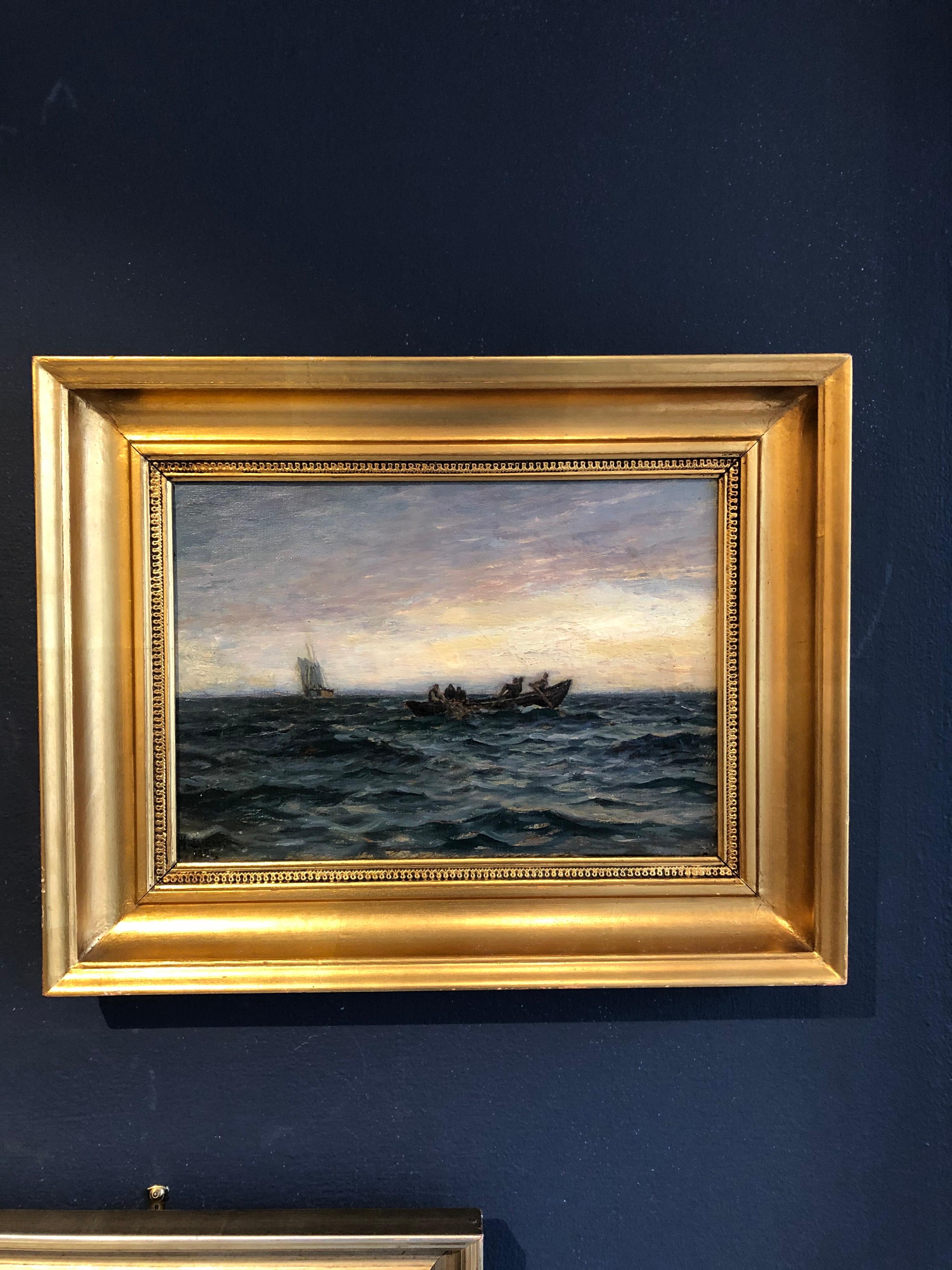 Fabulous petite seascape by well known Danish artist Holger Lubbers. Glorious blues make up the deep ocean waves against a pastel light filled sky. Signed H. Lubbers, 1891.