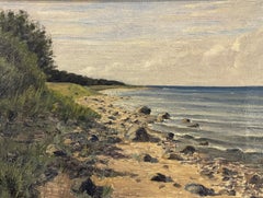 Danish seascape oil painting from the 1940s of sea meeting a rocky coastline