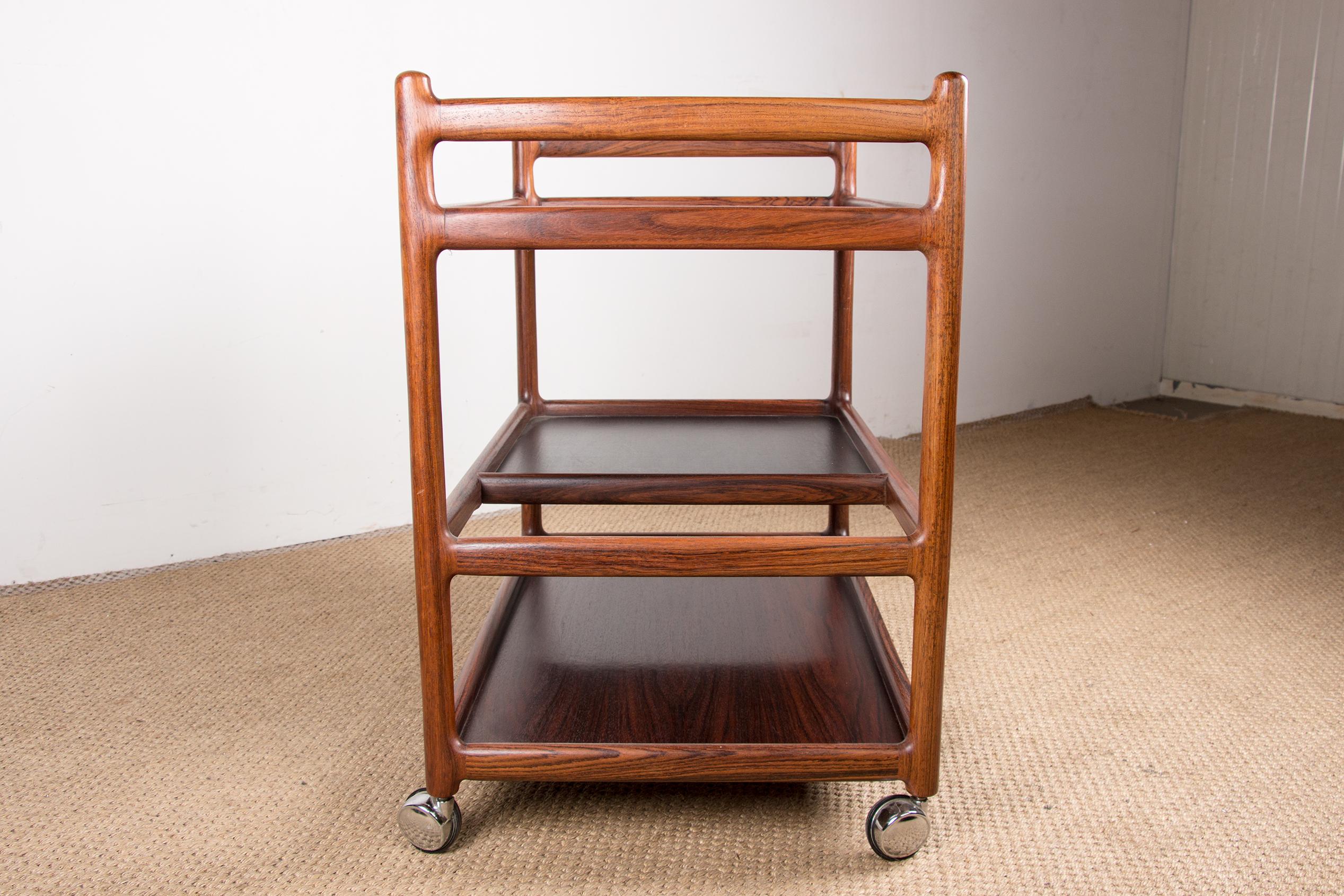 Danish Serving Trolley, 3 Levels, Rosewood, Johannes Andersen for Silkeborg 1960 7