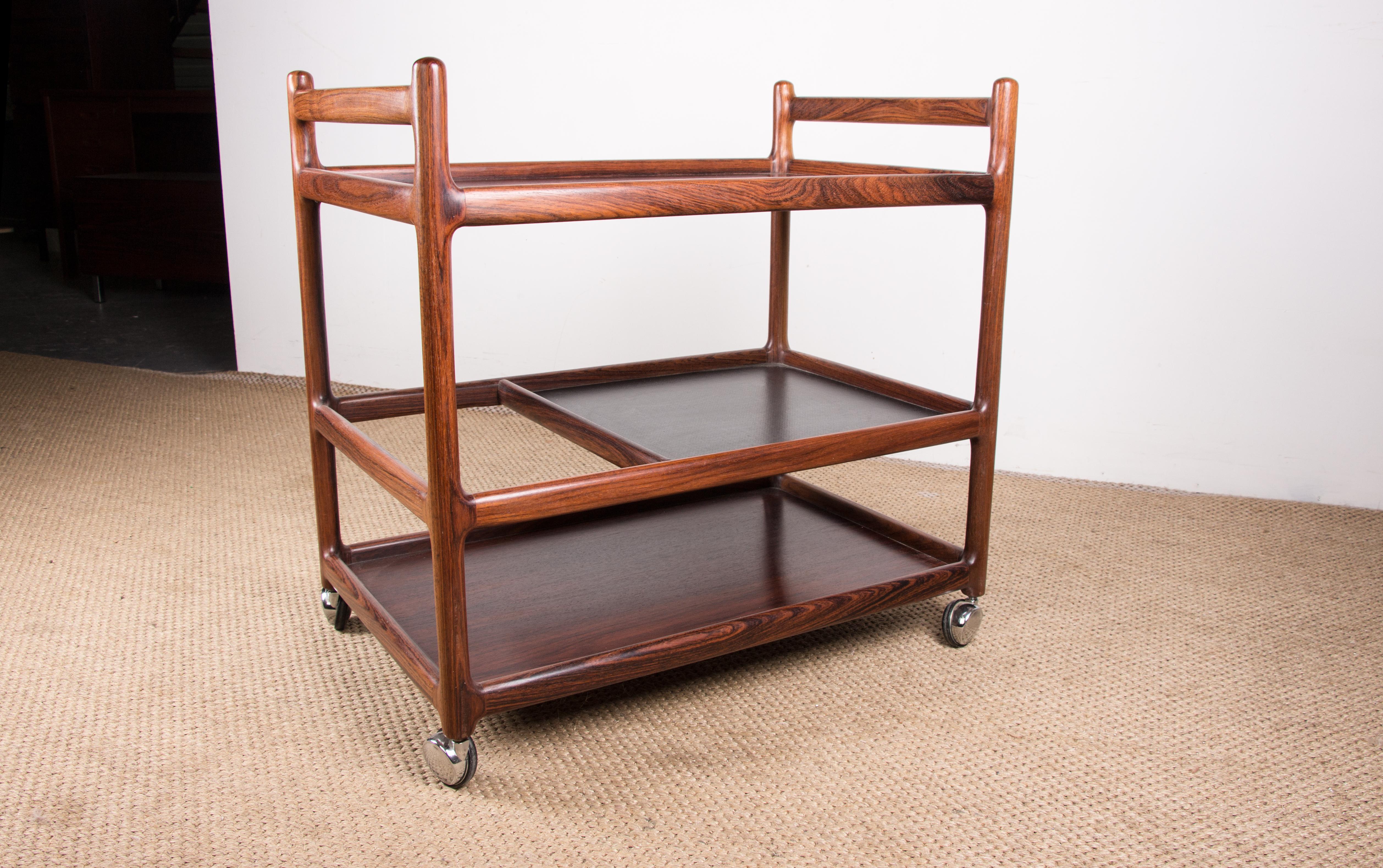 Danish Serving Trolley, 3 Levels, Rosewood, Johannes Andersen for Silkeborg 1960 8
