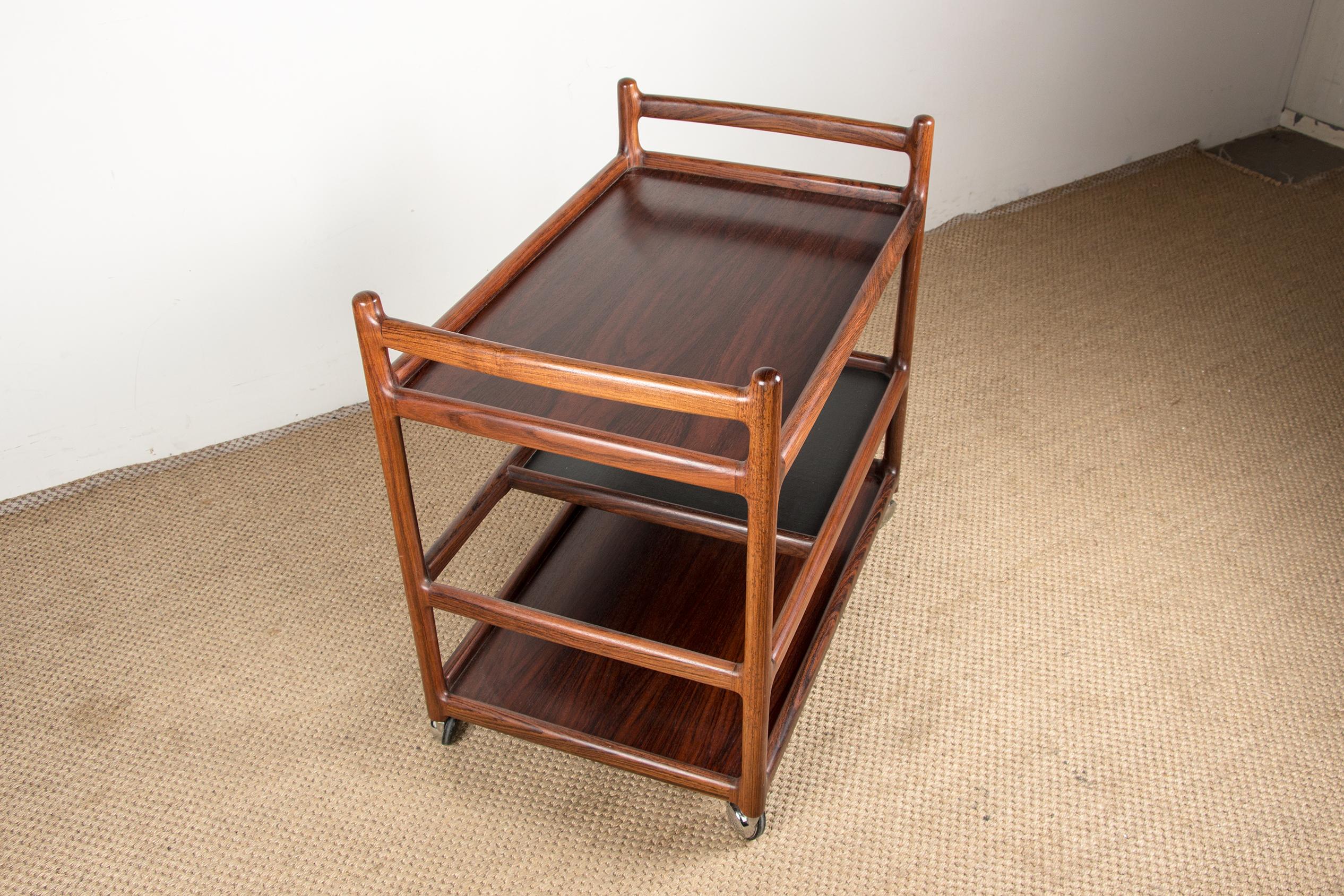Danish Serving Trolley, 3 Levels, Rosewood, Johannes Andersen for Silkeborg 1960 1