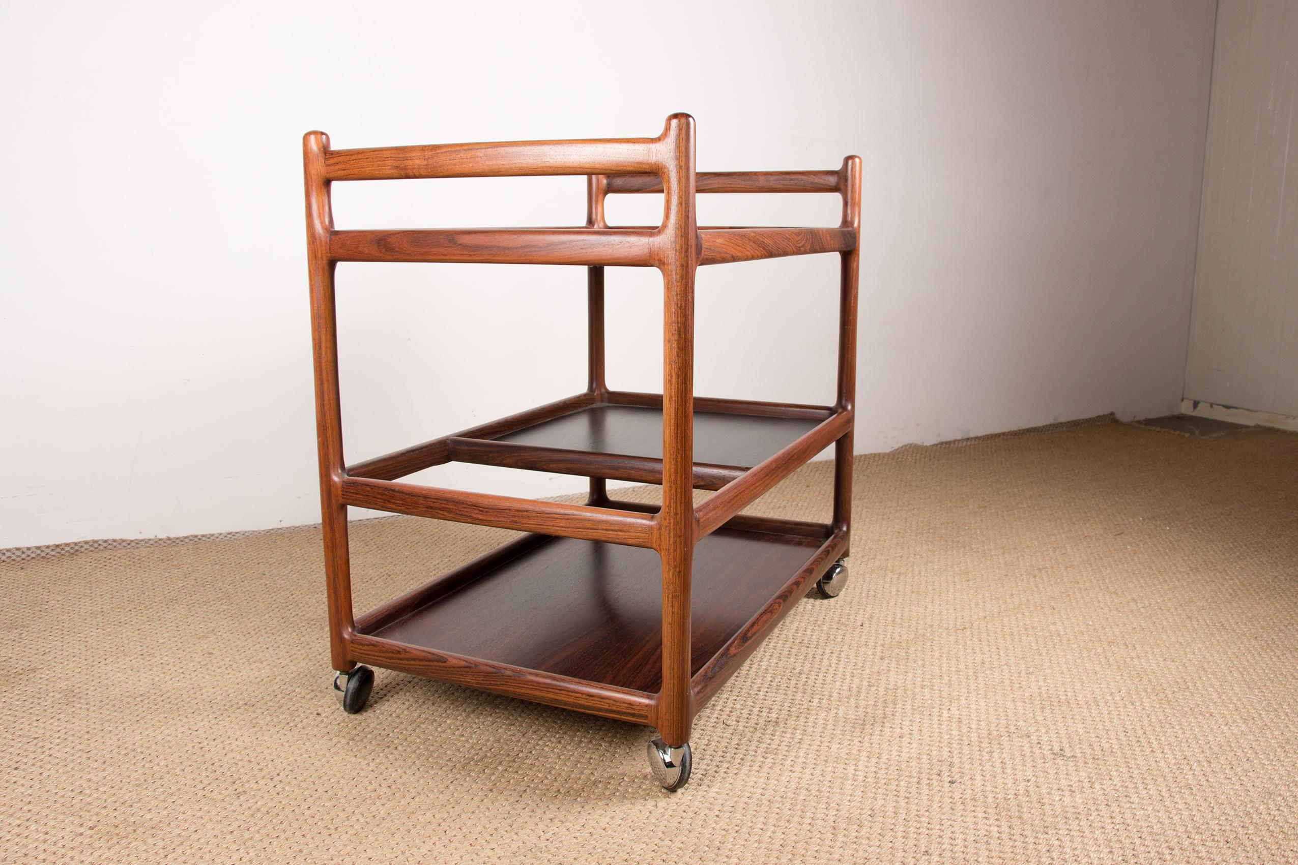 Danish Serving Trolley, 3 Levels, Rosewood, Johannes Andersen for Silkeborg 1960 2