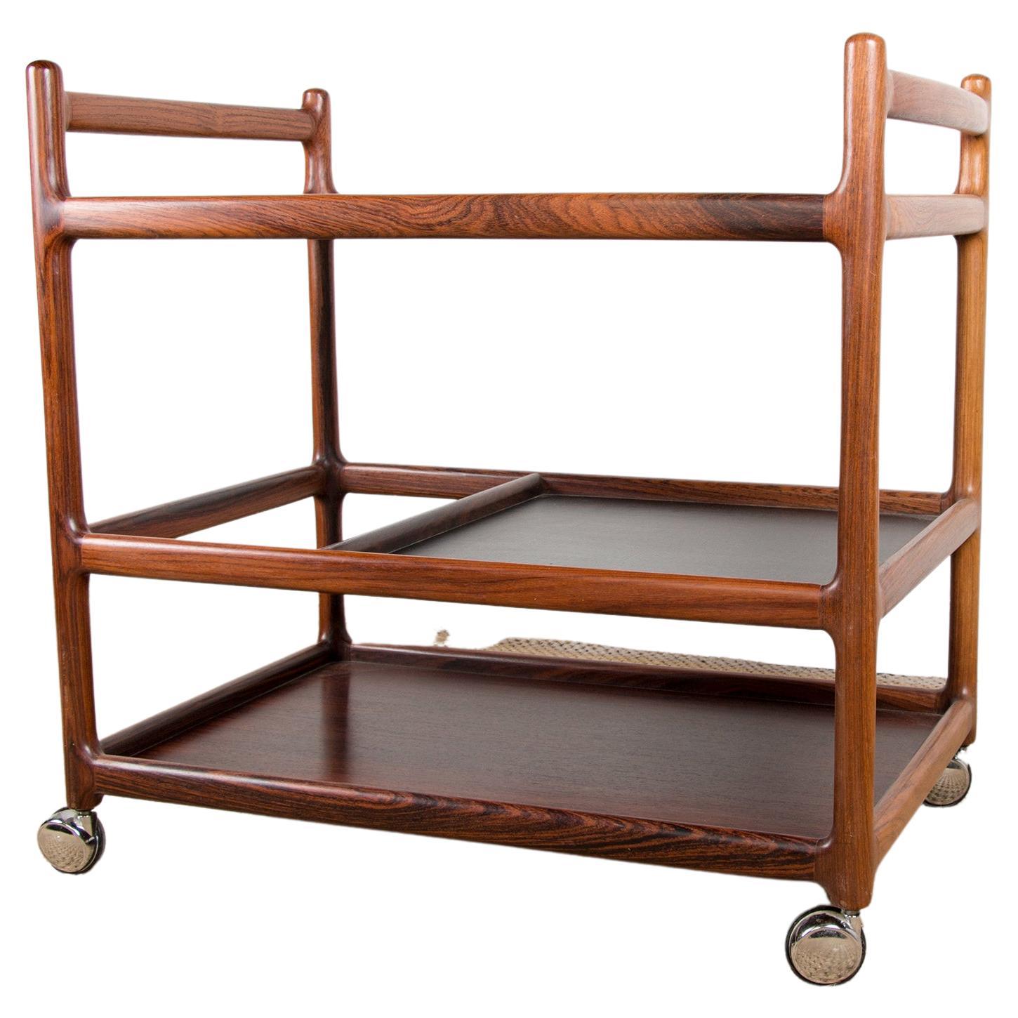 Danish Serving Trolley, 3 Levels, Rosewood, Johannes Andersen for Silkeborg 1960