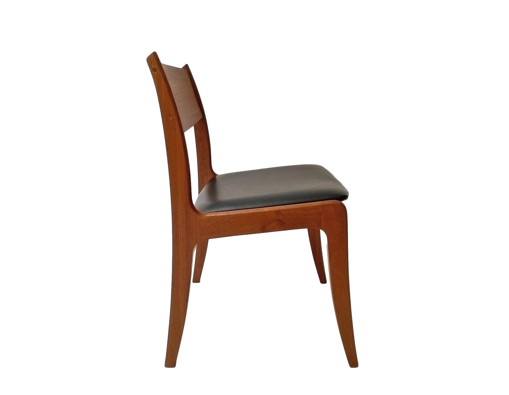 Polished Danish Set of 4 Teak and Black Vinyl Dining Chairs, Mid Century 1960s For Sale