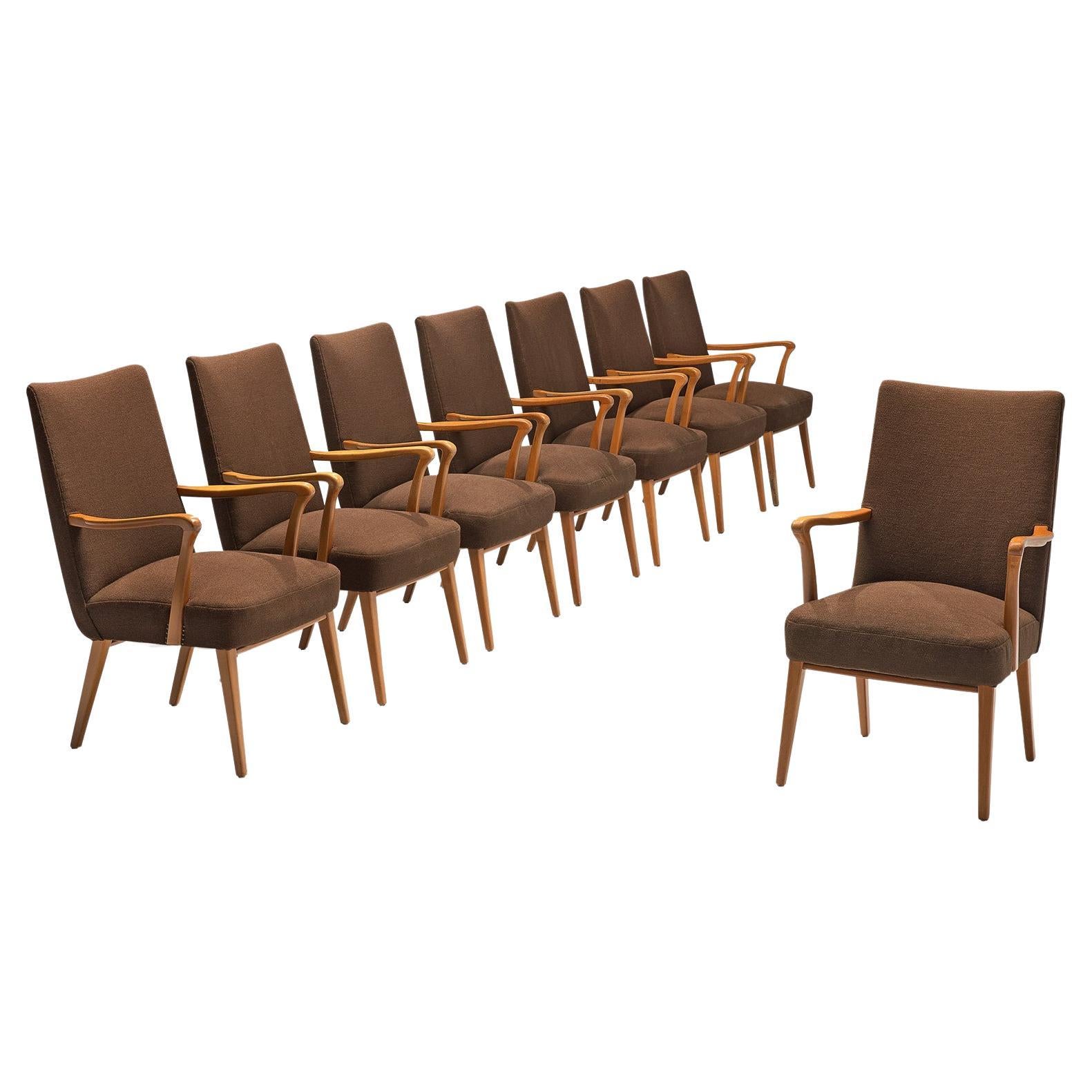 Danish Set of Eight Armchairs in Brown Upholstery and Stained Wood  For Sale