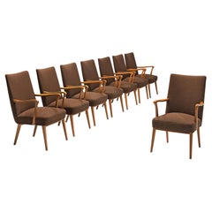 Danish Set of Eight Armchairs in Brown Upholstery and Stained Wood 