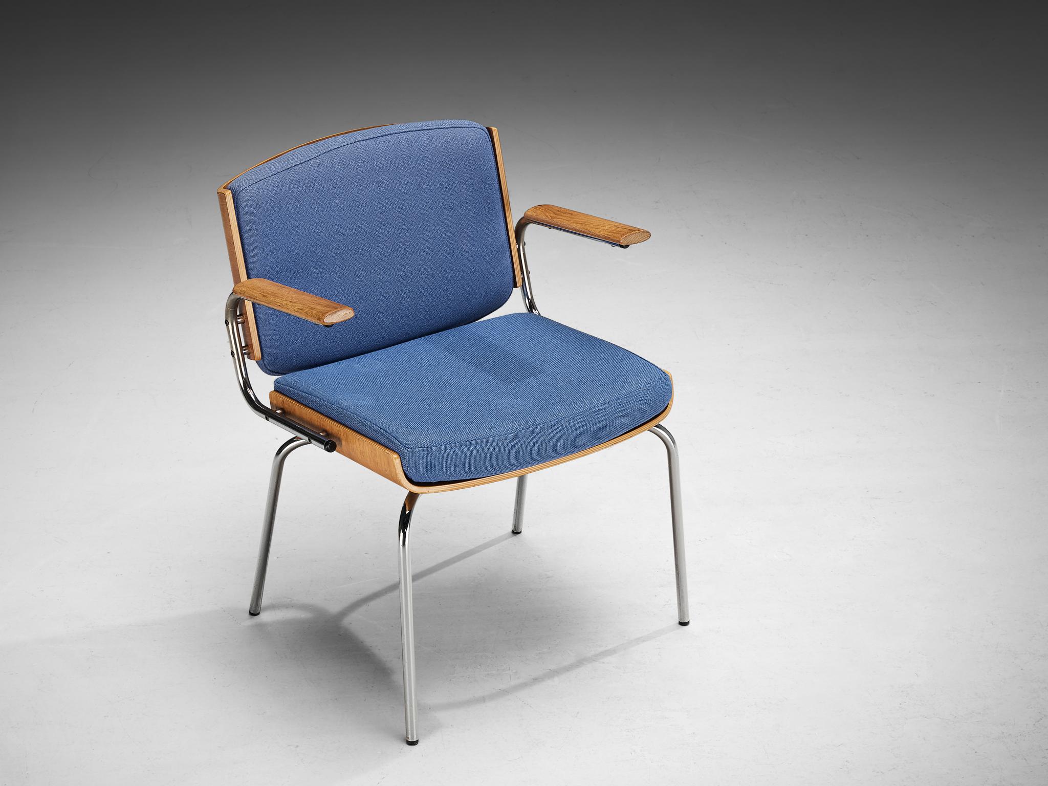 Danish Set of Eight Armchairs in Oak and Chrome with Blue Upholstery For Sale 7