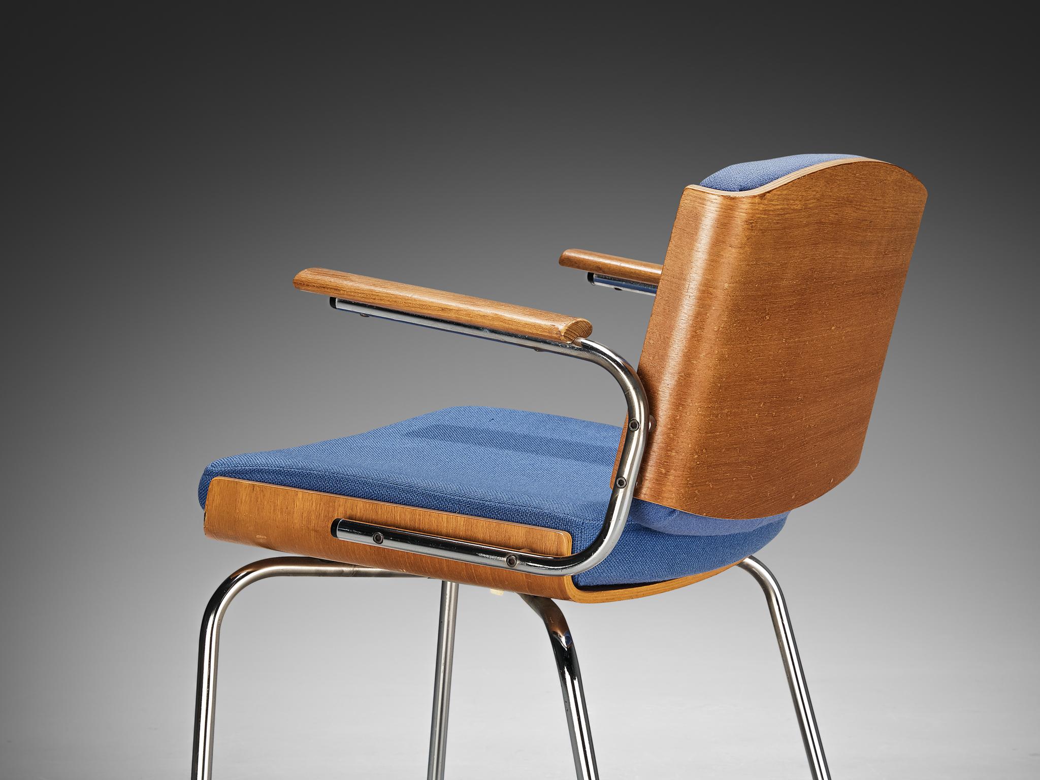 Danish Set of Eight Armchairs in Oak and Chrome with Blue Upholstery For Sale 8
