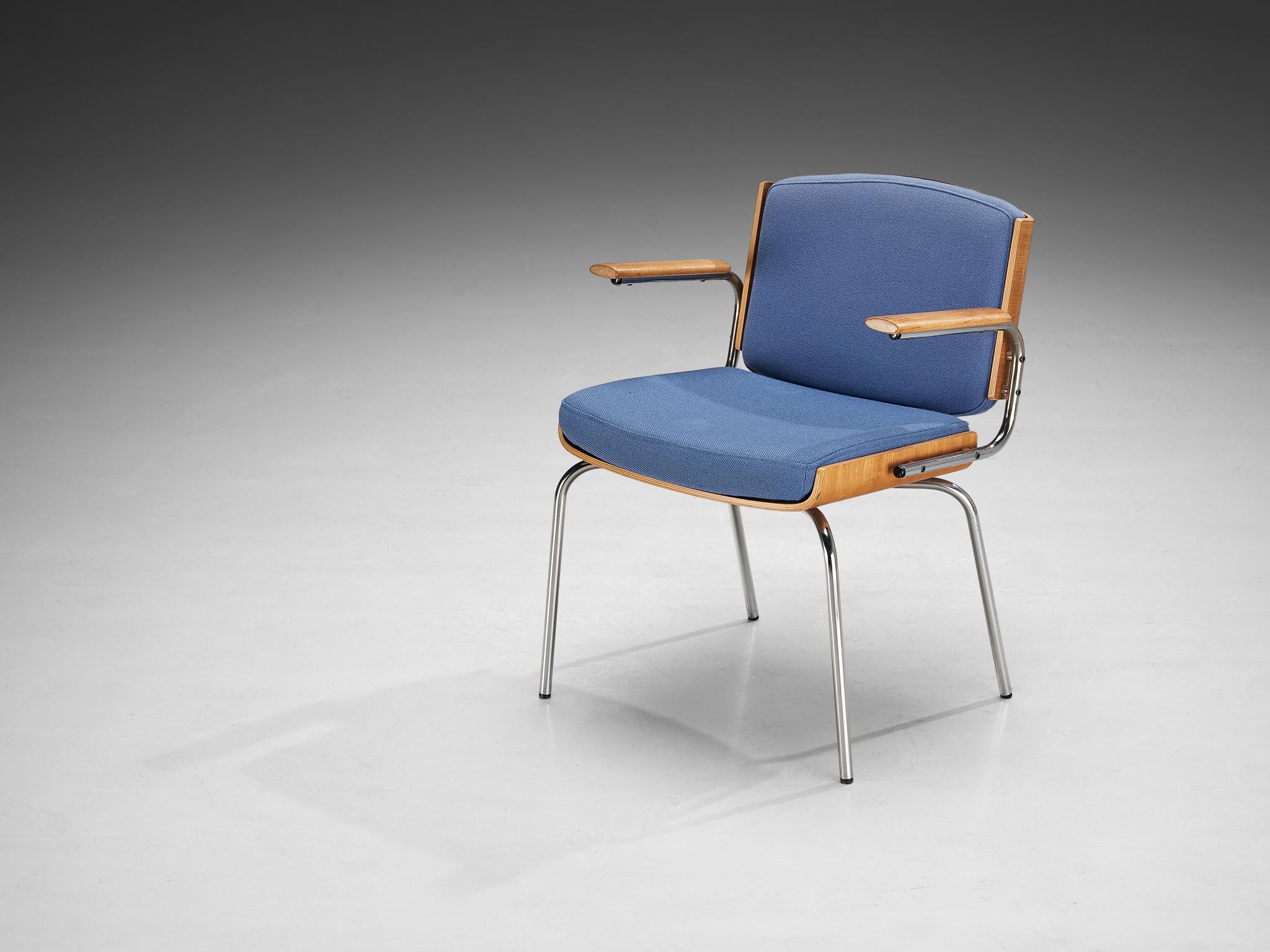 Danish Set of Eight Armchairs in Oak and Chrome with Blue Upholstery For Sale 3