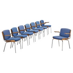 Danish Set of Eight Armchairs in Oak and Chrome with Blue Upholstery