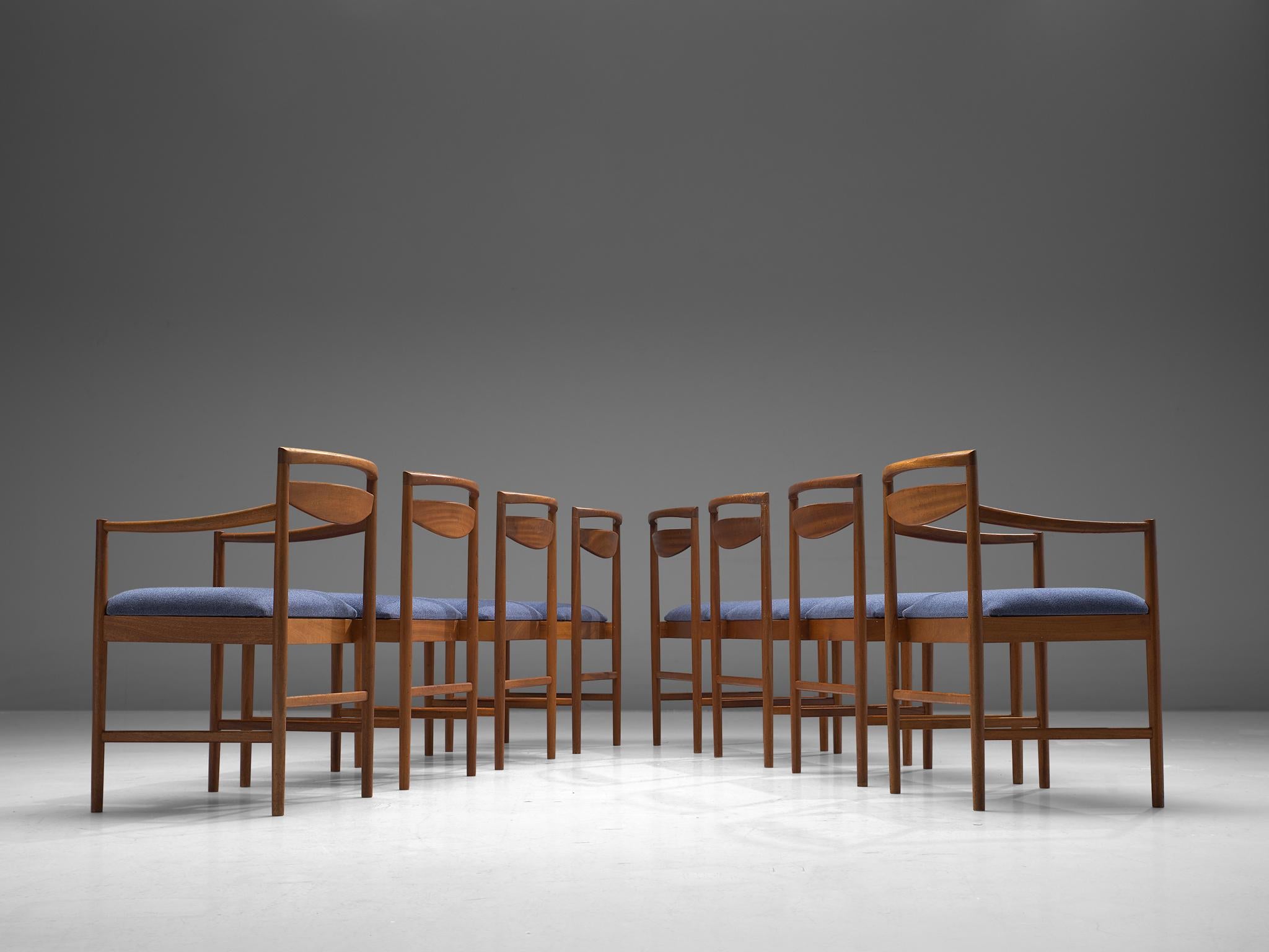 Scandinavian Modern Danish Set of Eight Chairs in Teak and Blue Upholstery