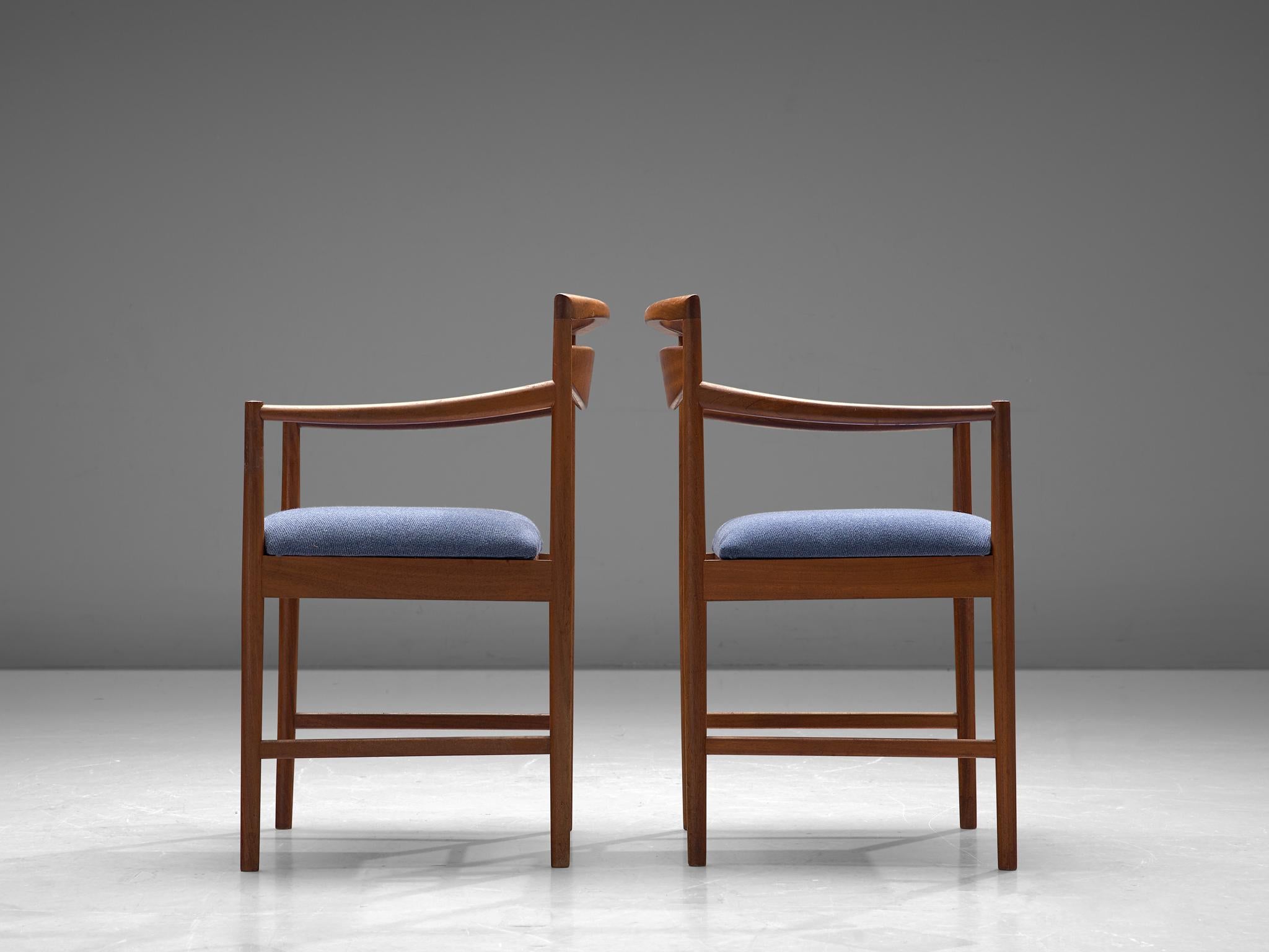 Mid-20th Century Danish Set of Eight Chairs in Teak and Blue Upholstery