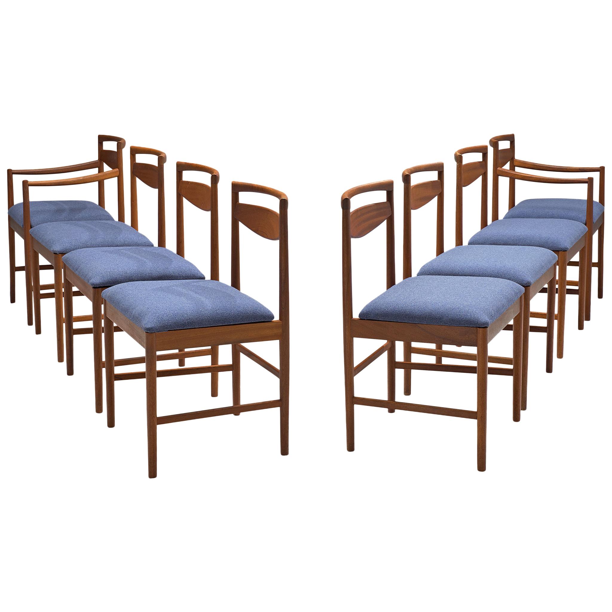 Danish Set of Eight Chairs in Teak and Blue Upholstery
