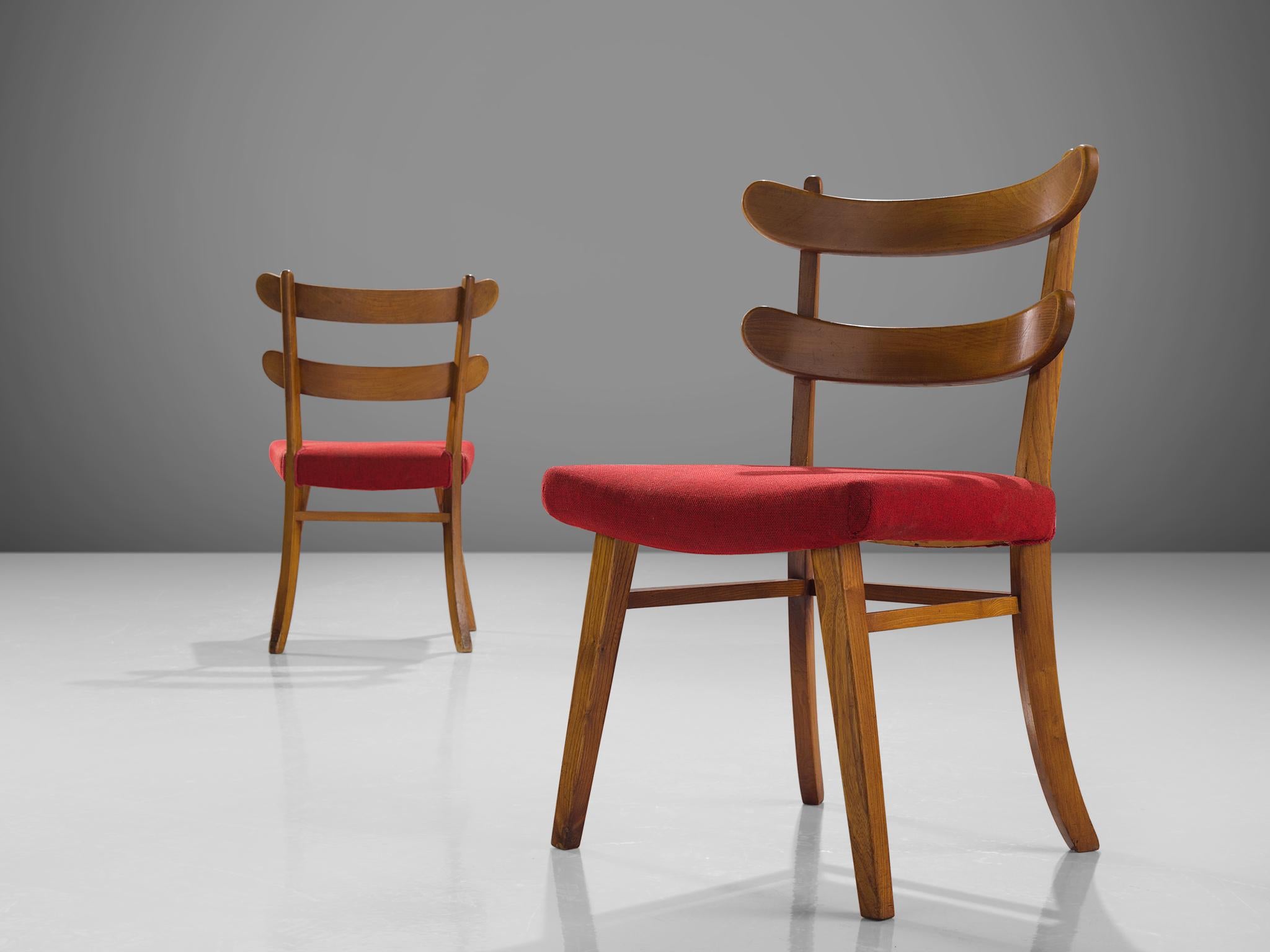 Mid-20th Century Danish Set of Eight Dining Chairs in Solid Elm and Red Upholstery  For Sale