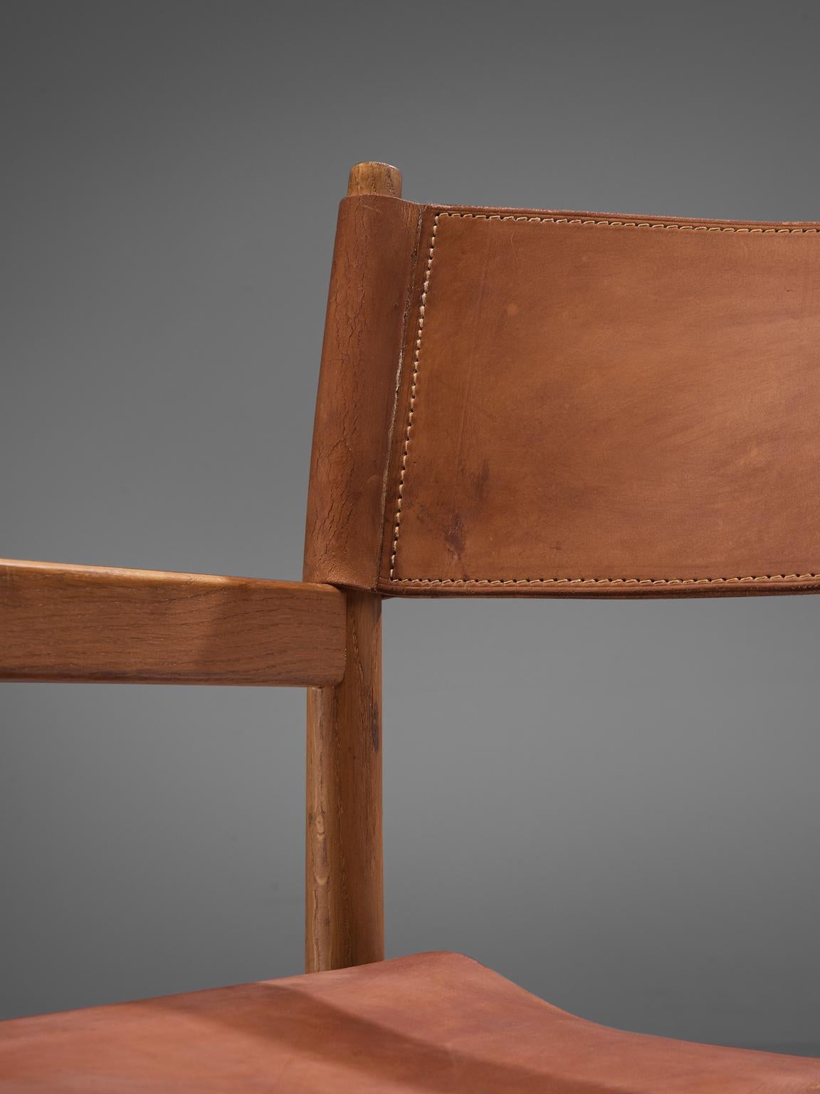 Scandinavian Modern Danish Set of Four Safari Chairs in Cognac Leather and Oak
