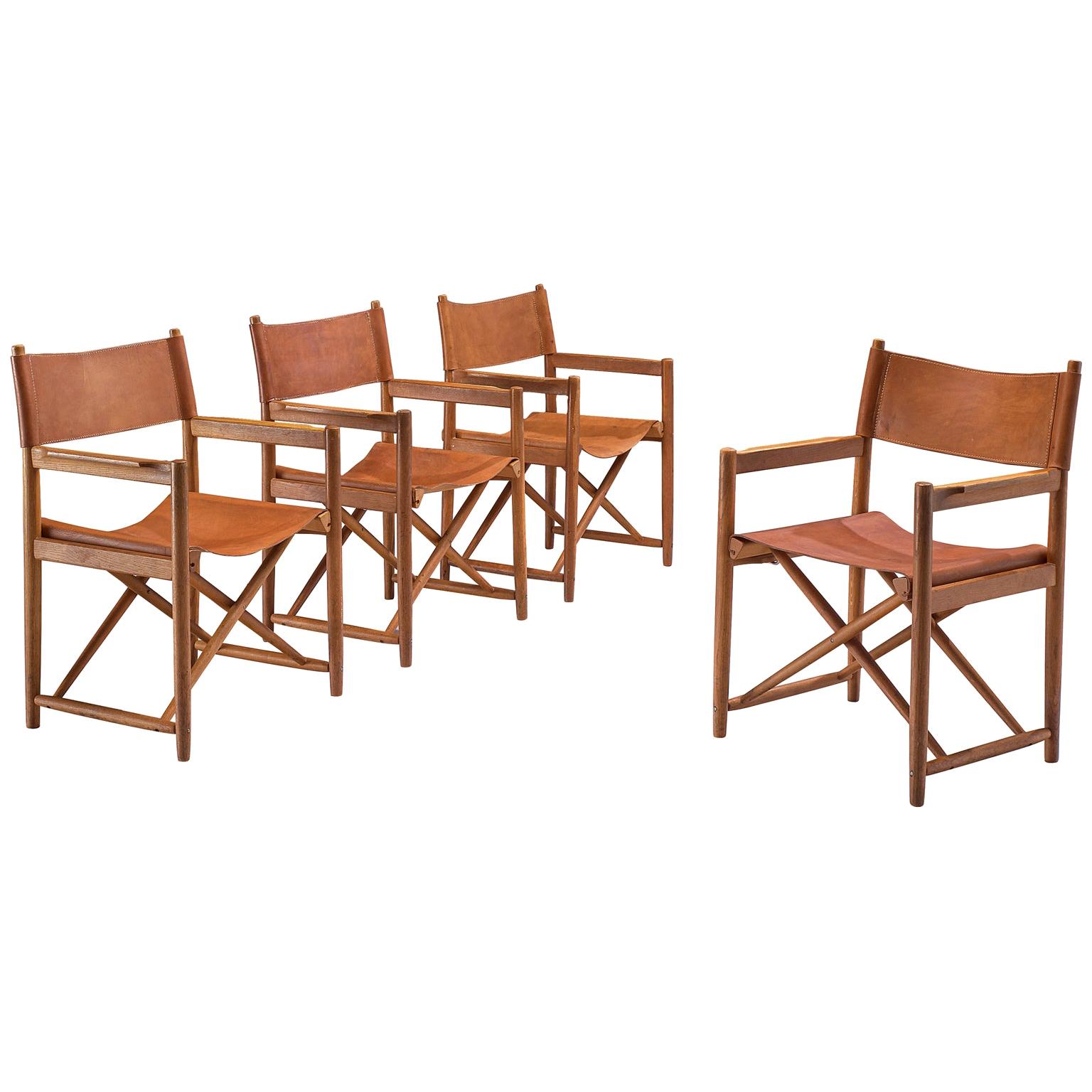 Danish Set of Four Safari Chairs in Cognac Leather and Oak
