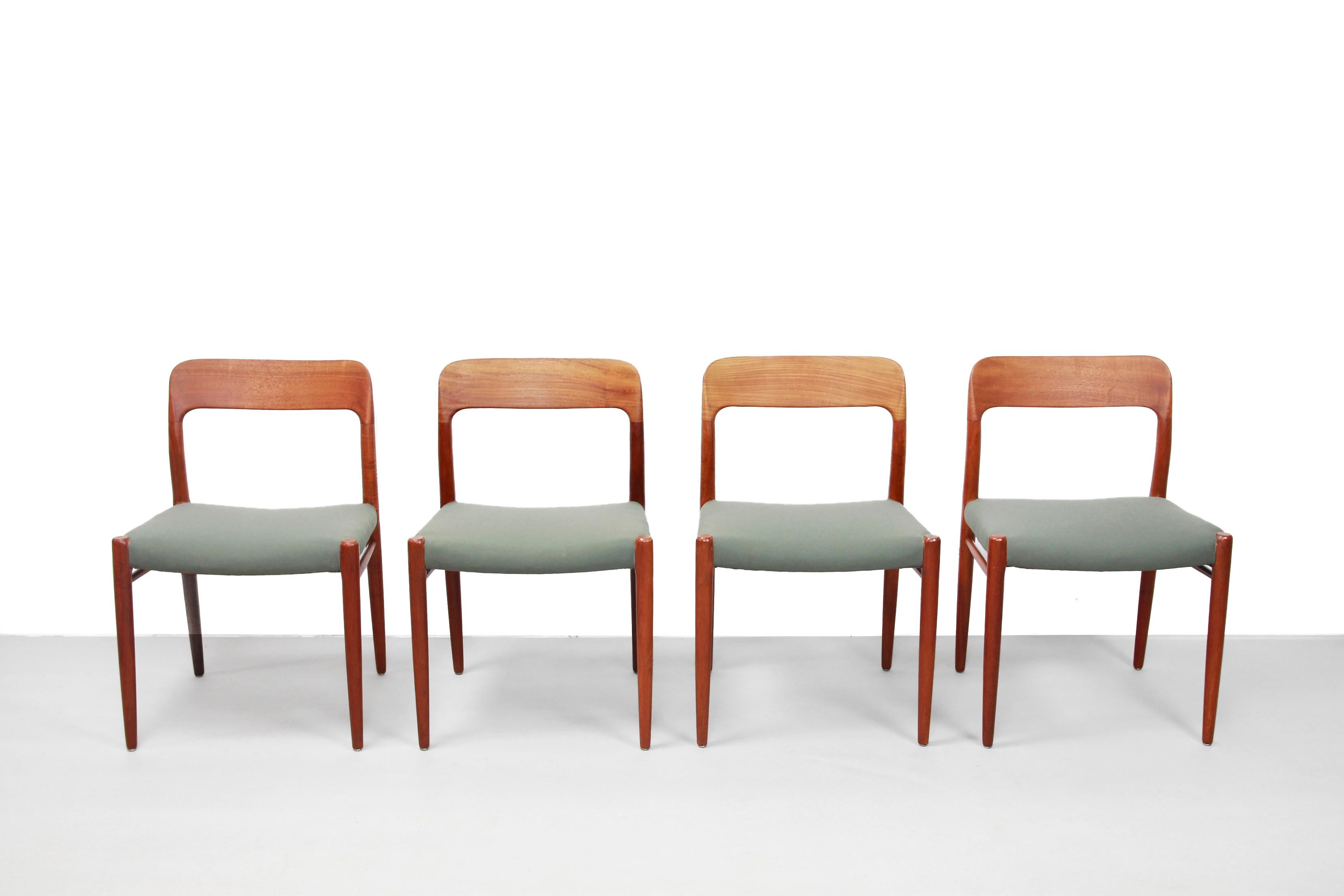 Very nice set of four dining room chairs designed by Niels Møller. Niels Møller is known in Denmark for quality and craftsmanship and that is very evident in this model, 