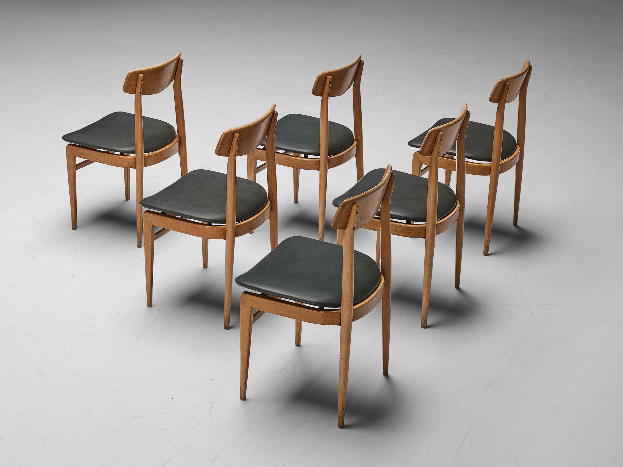 Danish Set of Six Dining Chairs in Blonde Wood and Dark Grey Leatherette In Good Condition For Sale In Waalwijk, NL