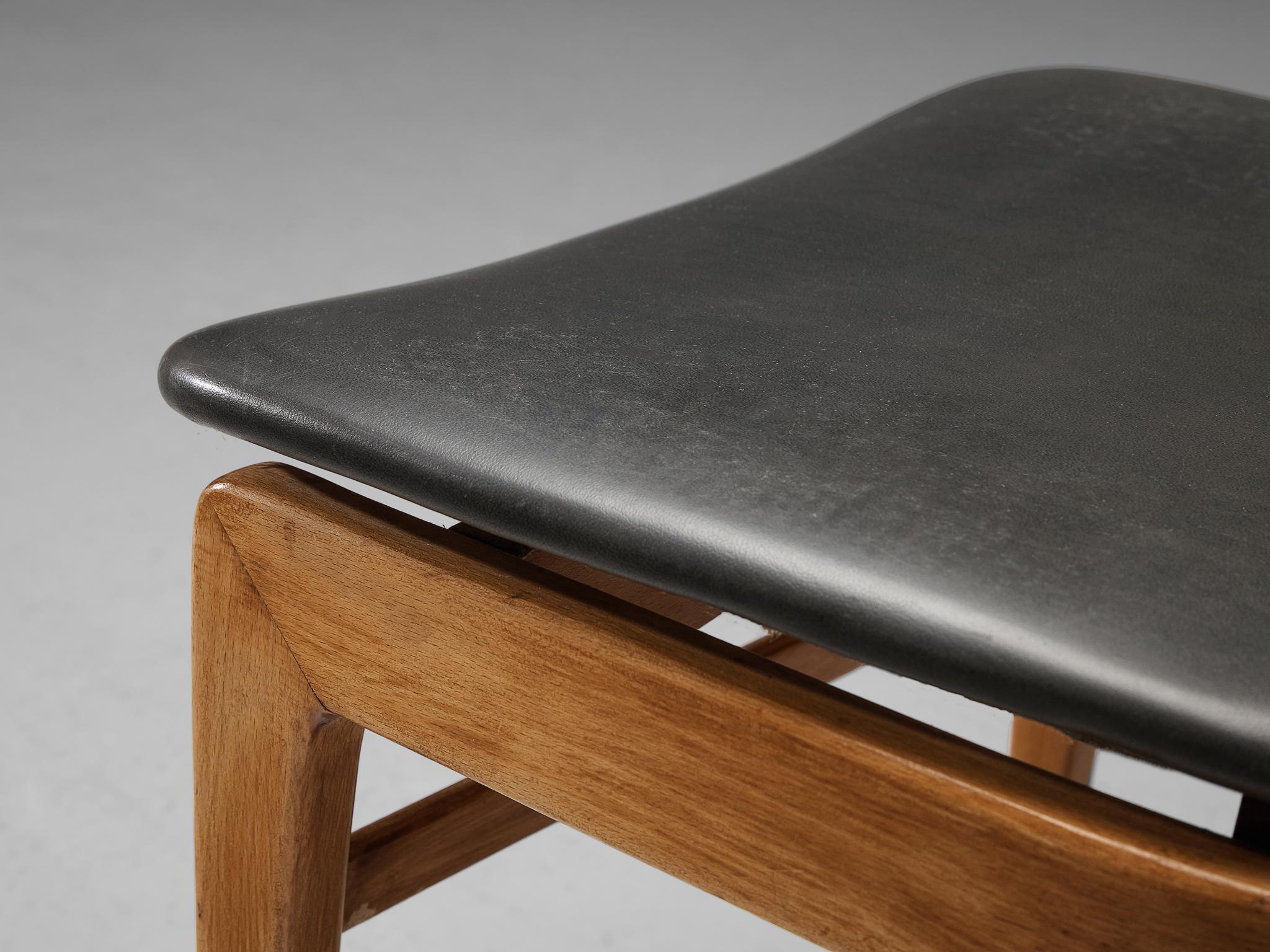 Faux Leather Danish Set of Six Dining Chairs in Blonde Wood and Dark Grey Leatherette For Sale