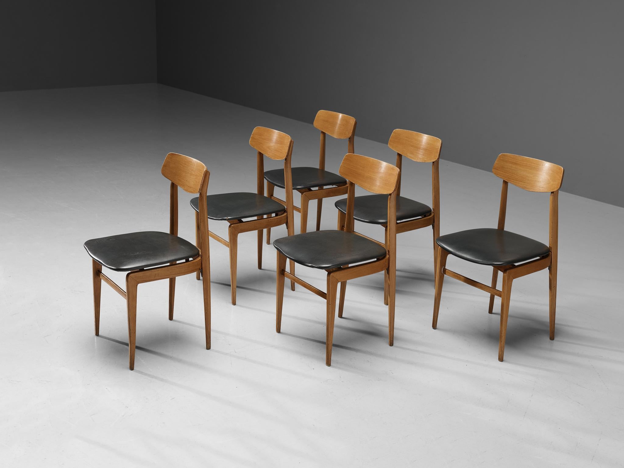 Danish Set of Six Dining Chairs in Blonde Wood and Dark Grey Leatherette For Sale 1