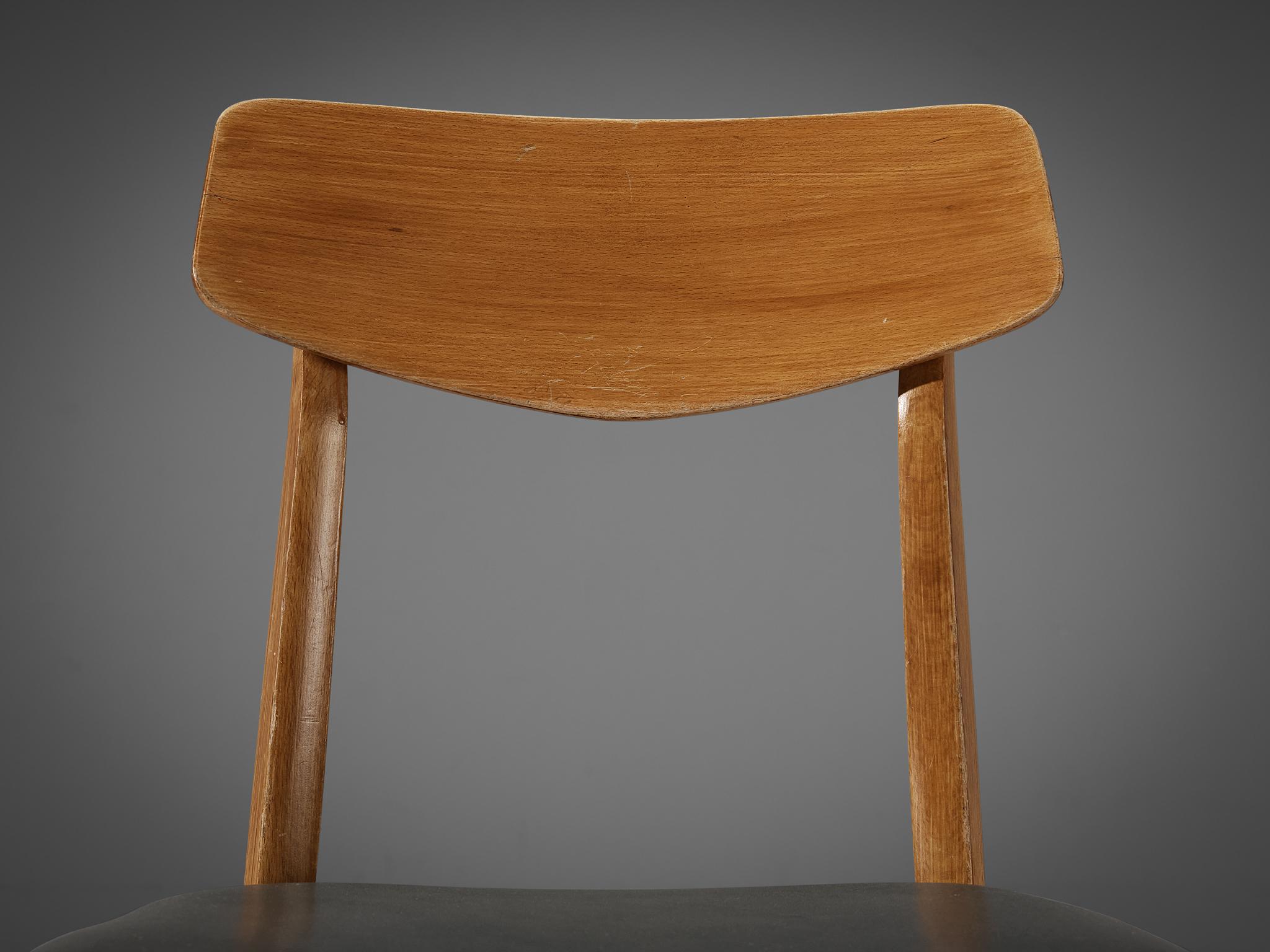 Danish Set of Six Dining Chairs in Blonde Wood and Dark Grey Leatherette For Sale 2