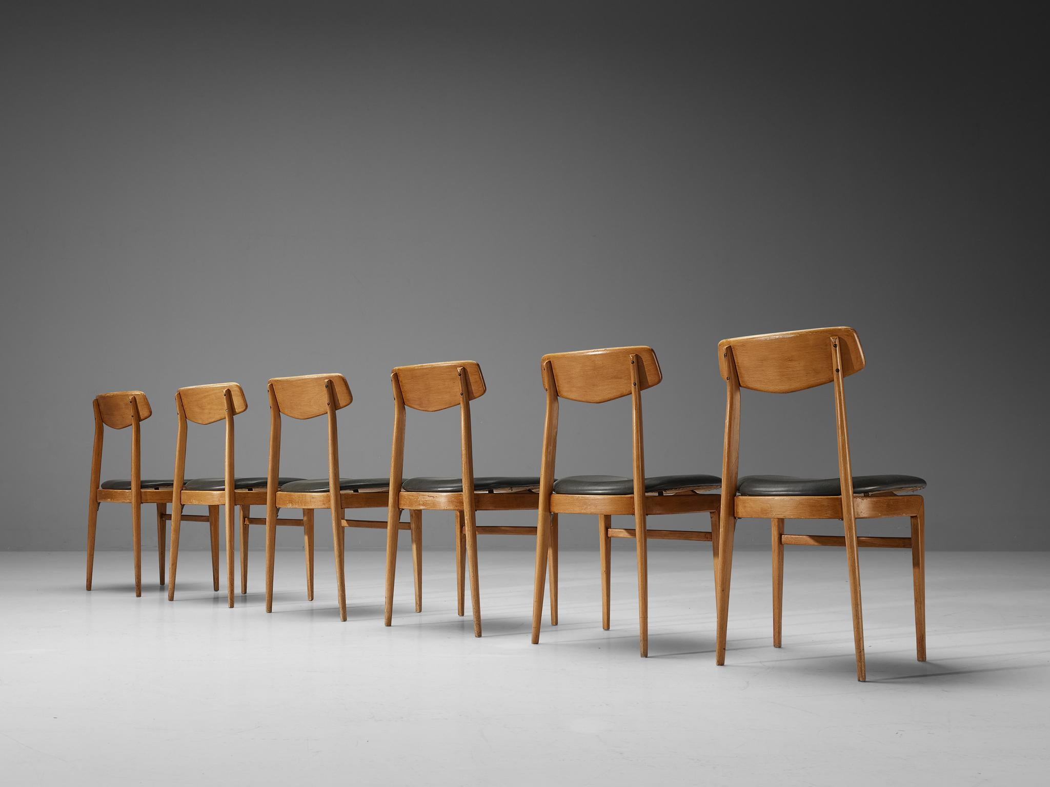 Danish Set of Six Dining Chairs in Blonde Wood and Dark Grey Leatherette For Sale 3
