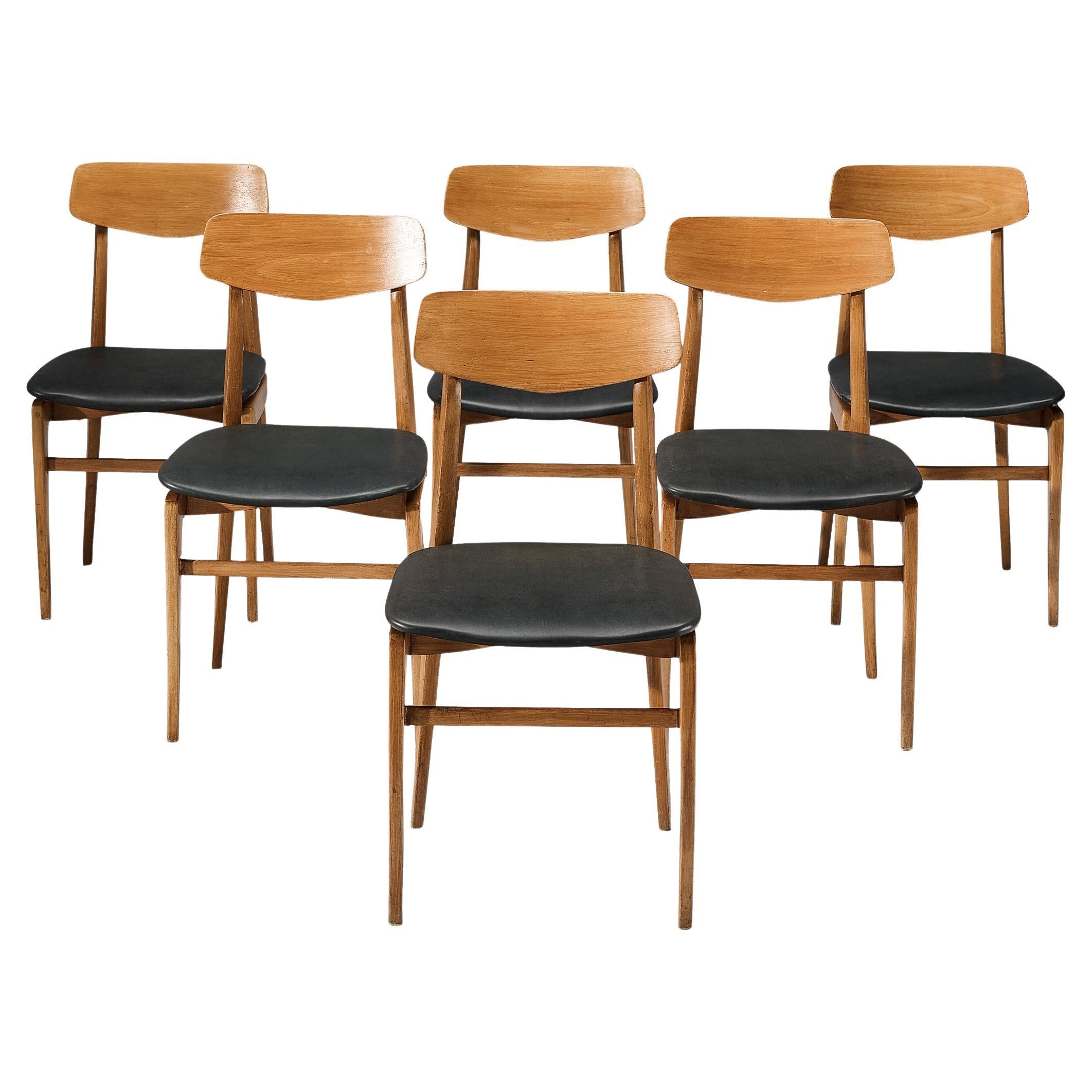 Danish Set of Six Dining Chairs in Blonde Wood and Dark Grey Leatherette