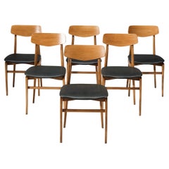 Danish Set of Six Dining Chairs in Blonde Wood and Dark Grey Leatherette
