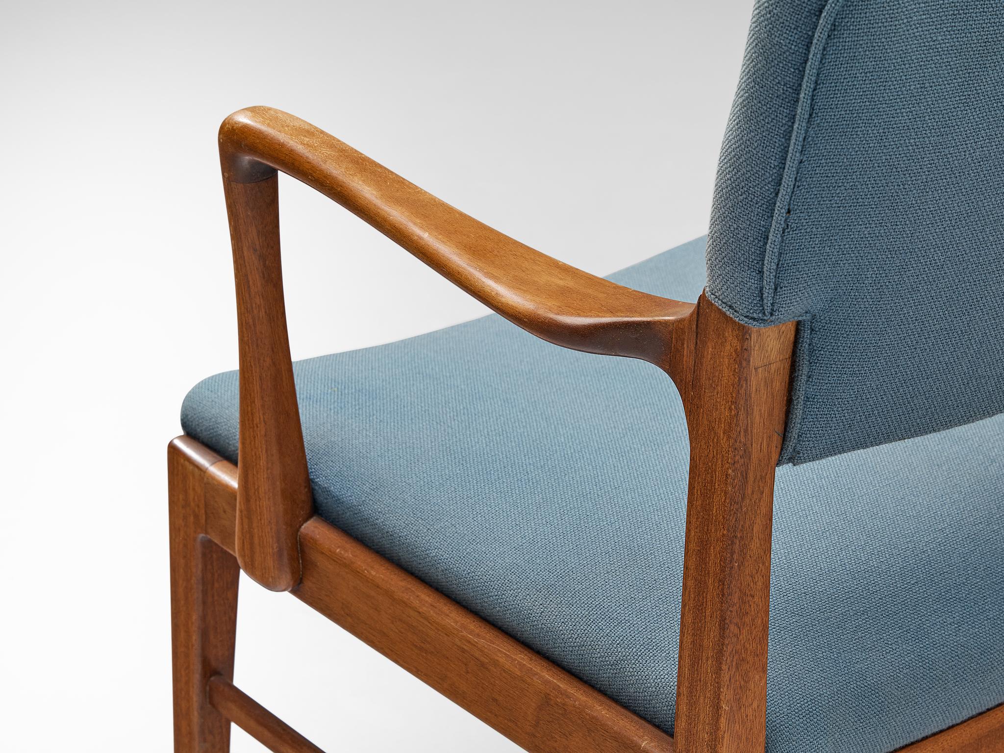 Danish Set of Six Dining Chairs in Mahogany and Light Blue Upholstery  For Sale 4