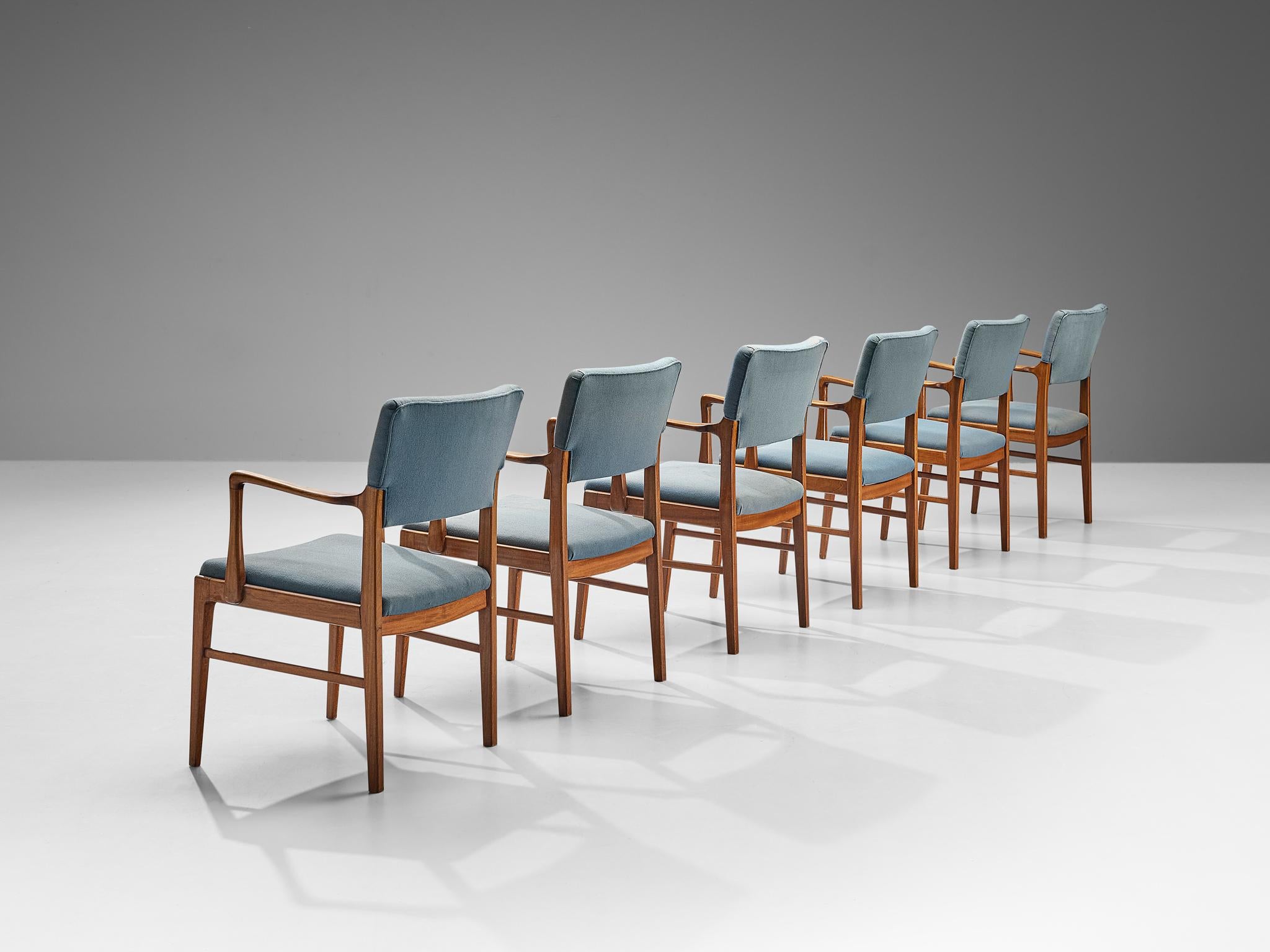 Scandinavian Modern Danish Set of Six Dining Chairs in Mahogany and Light Blue Upholstery  For Sale
