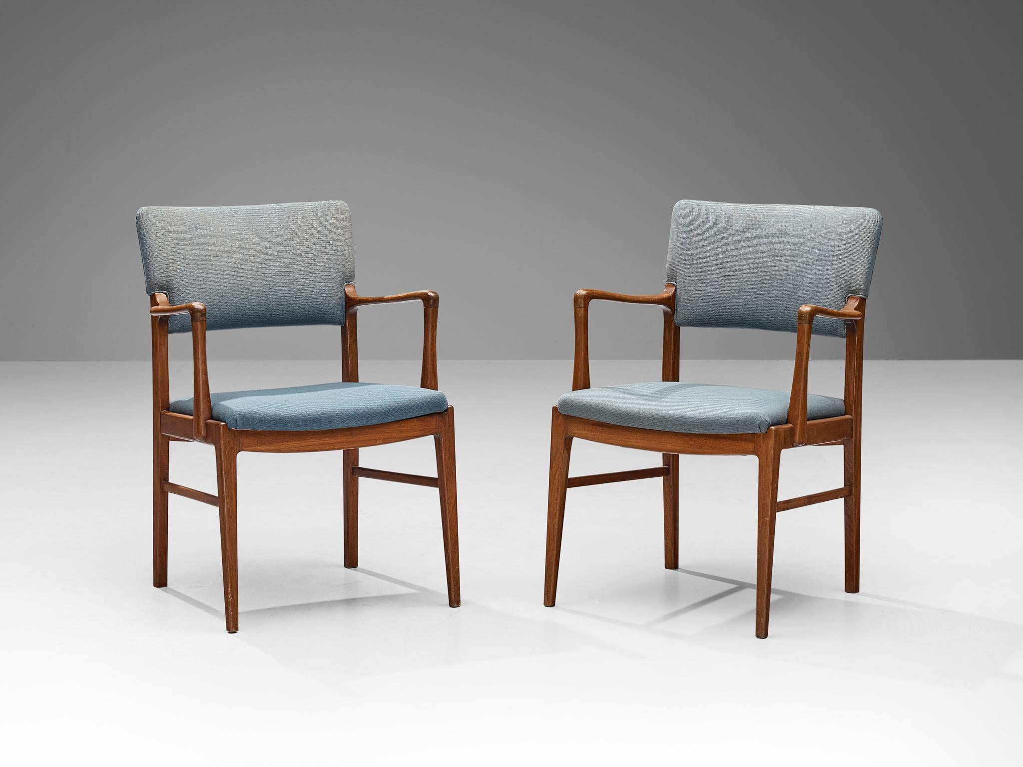 Danish Set of Six Dining Chairs in Mahogany and Light Blue Upholstery  In Good Condition For Sale In Waalwijk, NL