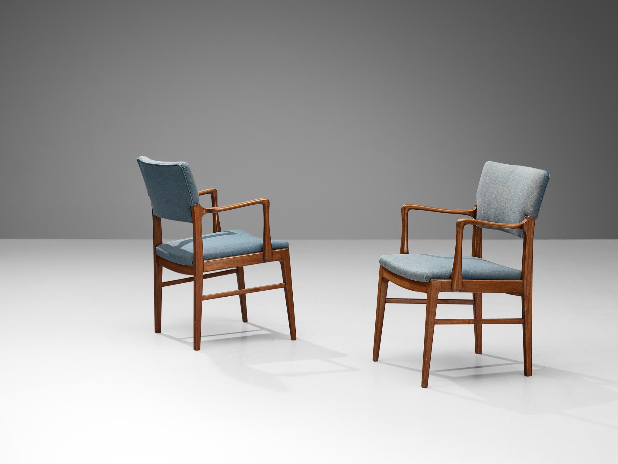 Mid-20th Century Danish Set of Six Dining Chairs in Mahogany and Light Blue Upholstery  For Sale