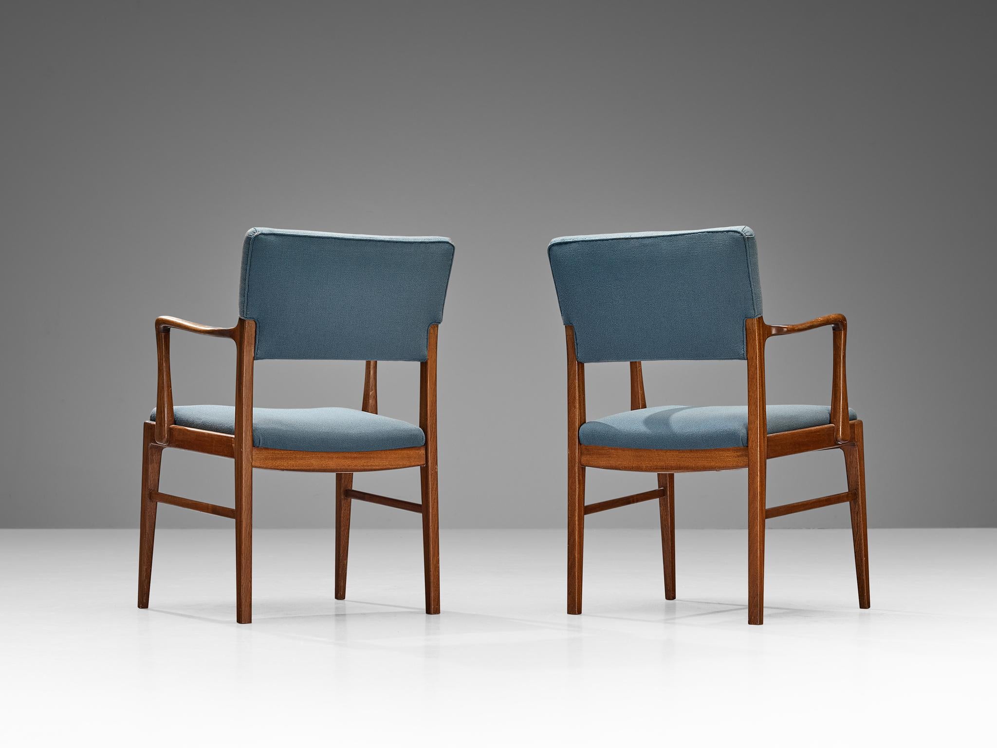 Fabric Danish Set of Six Dining Chairs in Mahogany and Light Blue Upholstery  For Sale