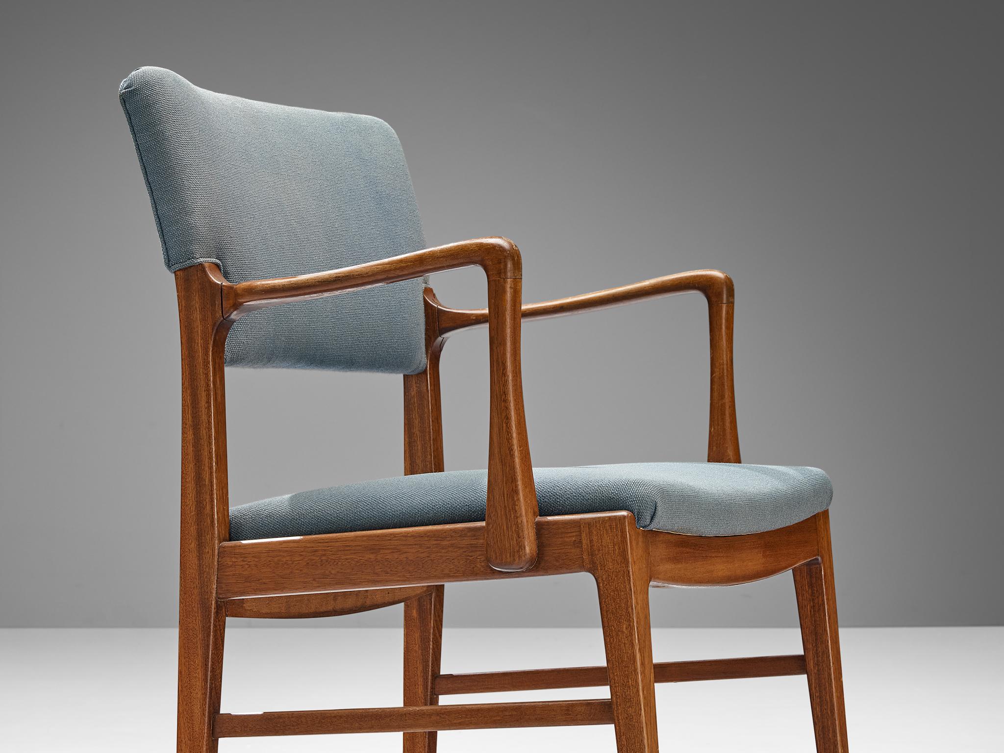 Danish Set of Six Dining Chairs in Mahogany and Light Blue Upholstery  For Sale 3