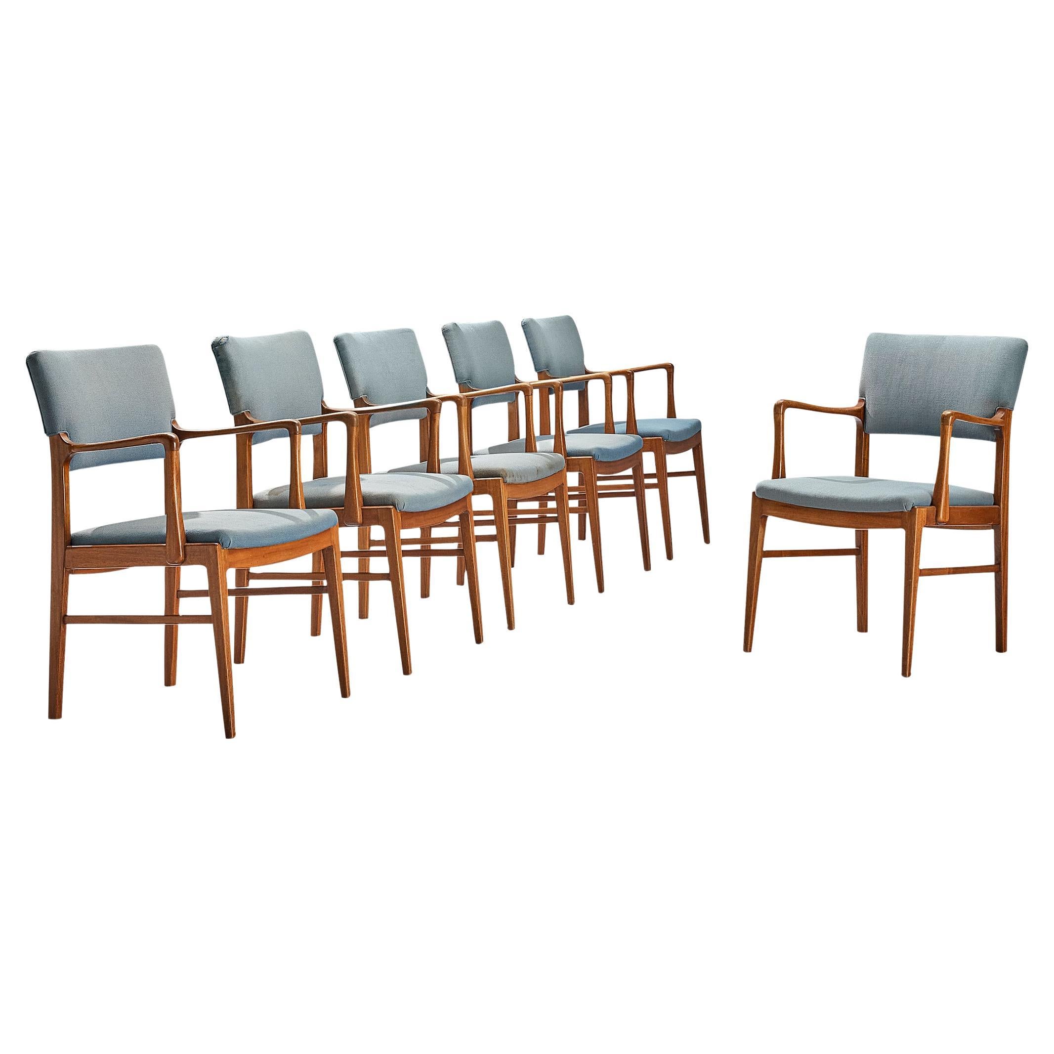 Danish Set of Six Dining Chairs in Mahogany and Light Blue Upholstery  For Sale