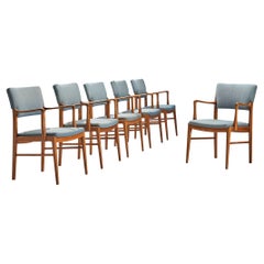 Ensemble danois de six chaises de salle à manger en acajou et tapisserie bleu clair