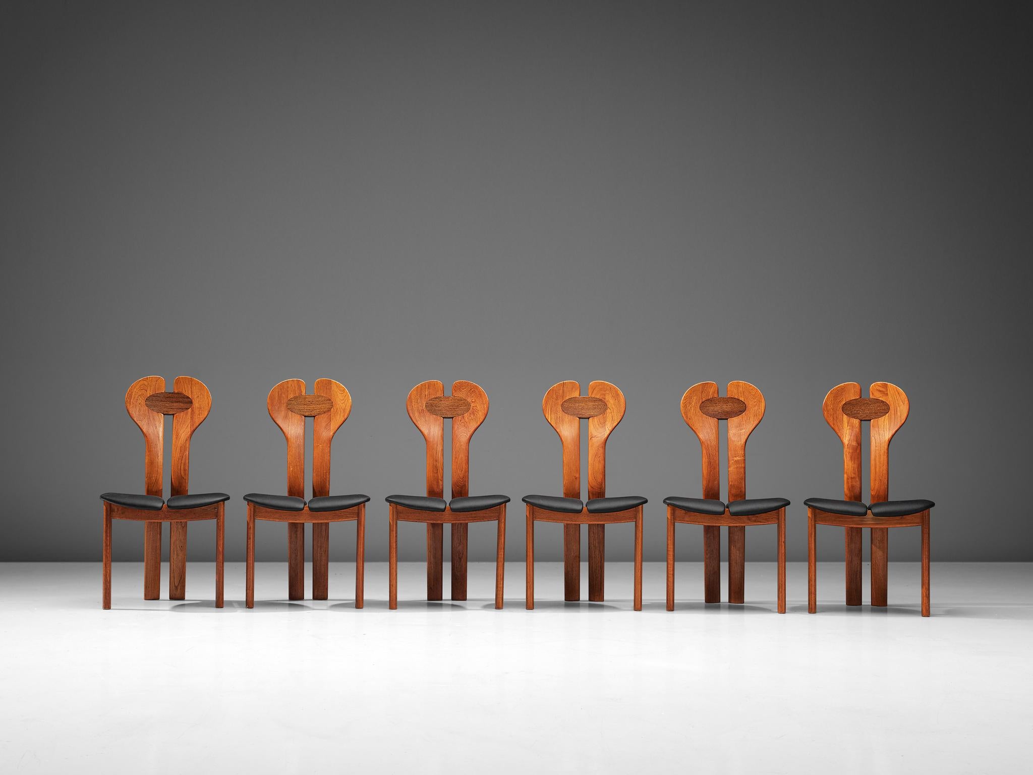 Scandinavian Modern Danish Set of Six Dining Chairs in Teak, Wenge and Black Leather