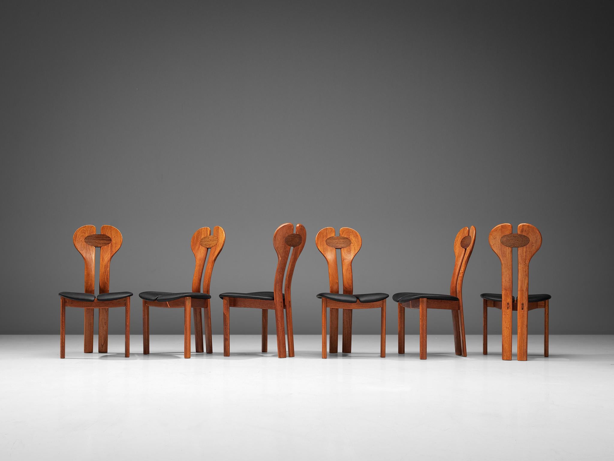 Danish Set of Six Dining Chairs in Teak, Wenge and Black Leather In Good Condition In Waalwijk, NL