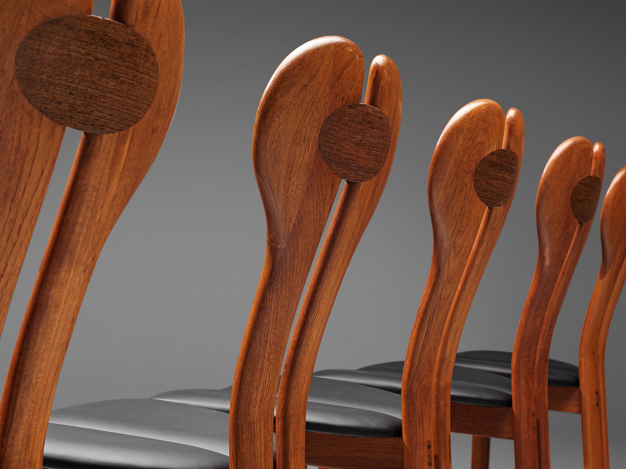 Danish Set of Six Dining Chairs in Teak, Wenge and Black Leather 1