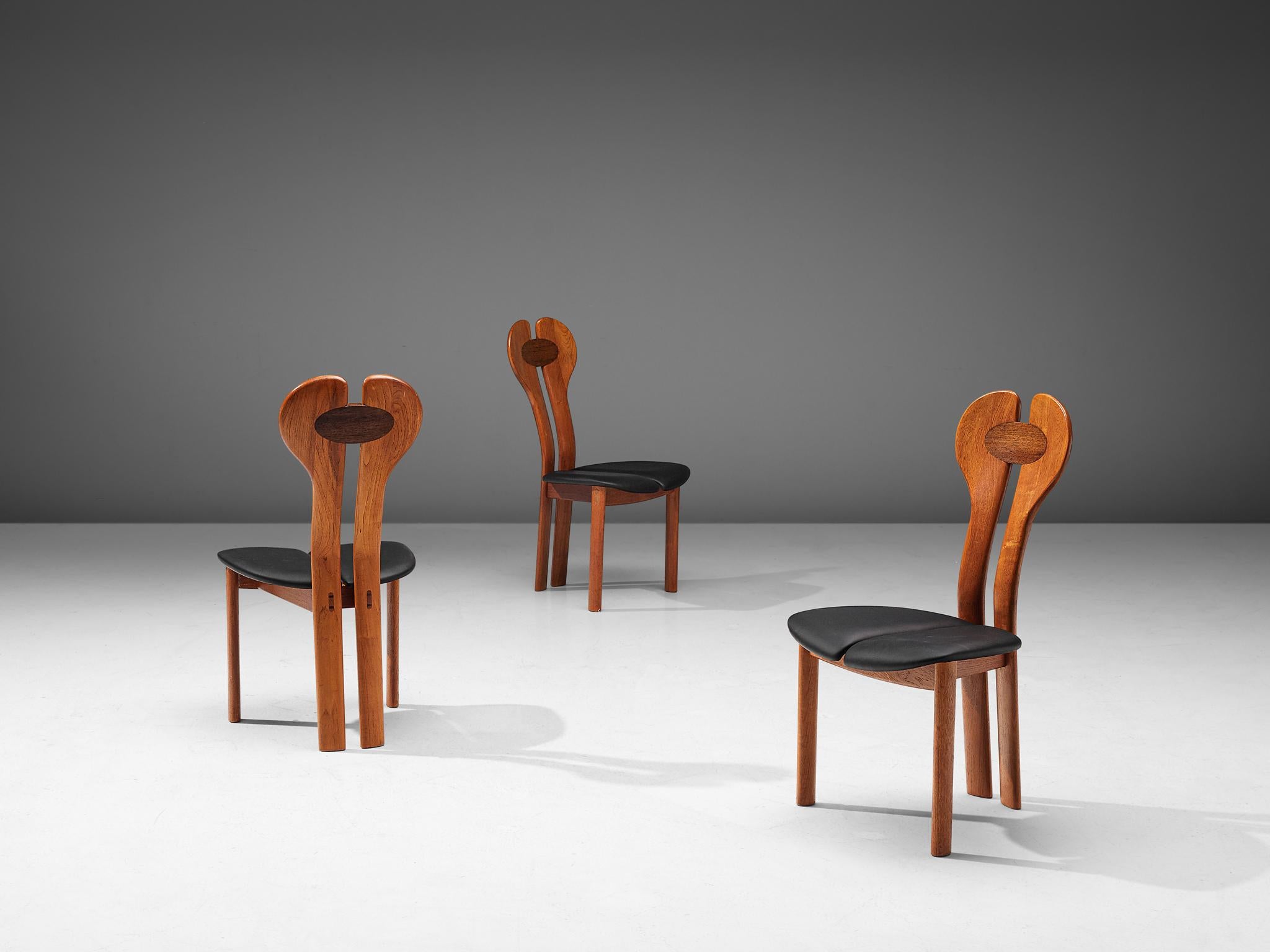 Danish Set of Six Dining Chairs in Teak, Wenge and Black Leather 2