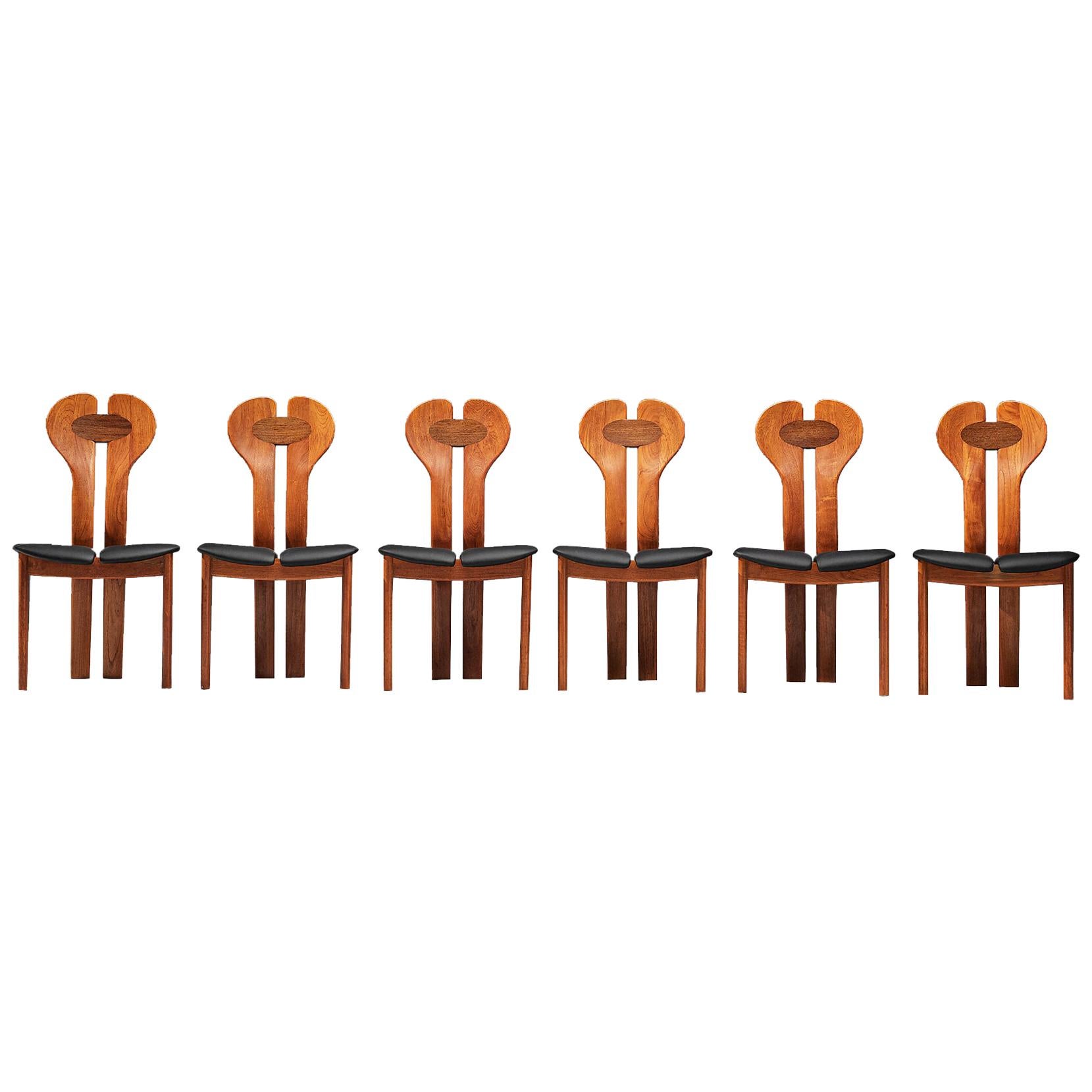 Danish Set of Six Dining Chairs in Teak, Wenge and Black Leather