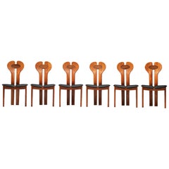 Danish Set of Six Dining Chairs in Teak, Wenge and Black Leather