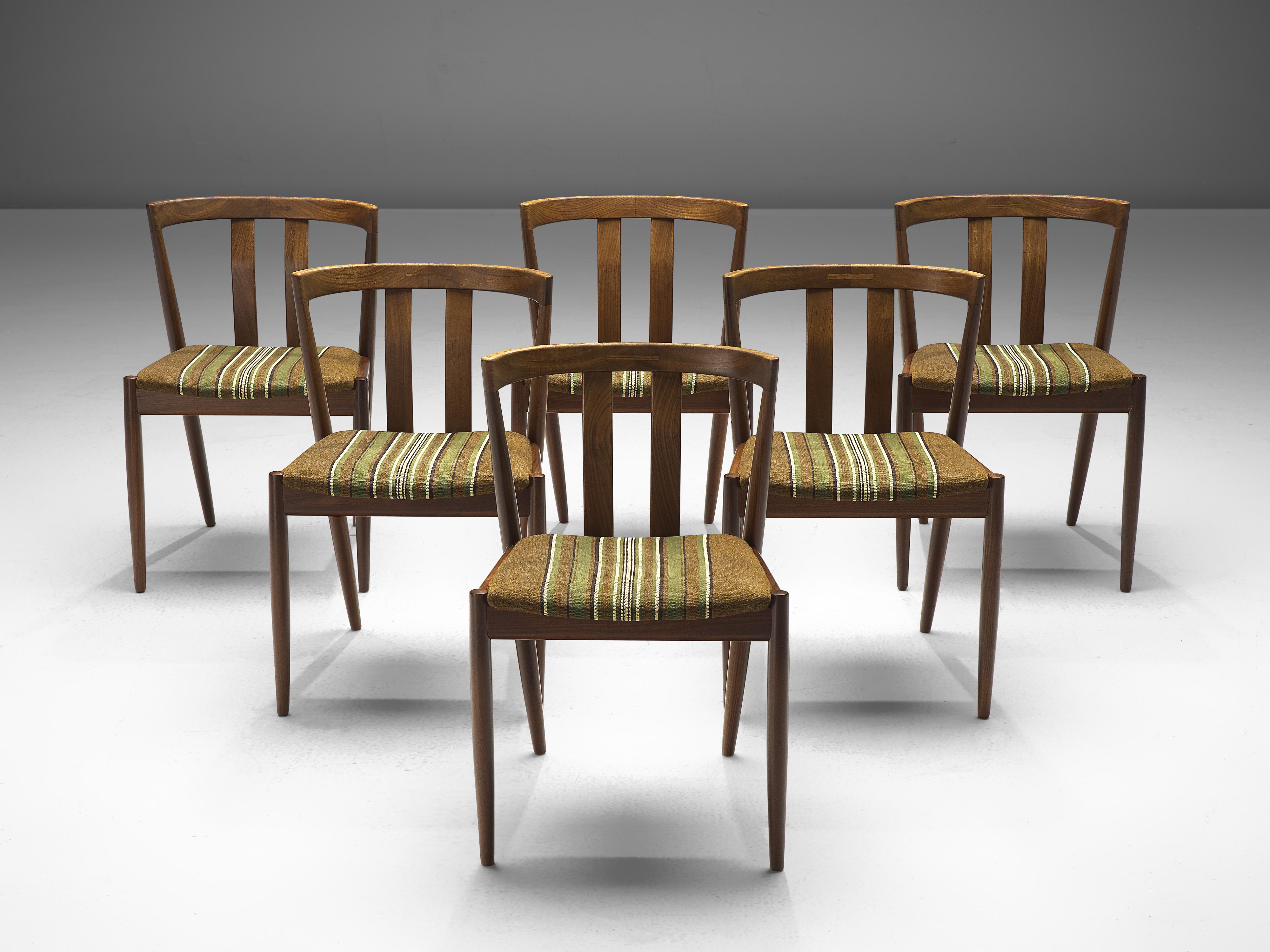 Mid-20th Century Danish Set of Six Dining Chairs in Teak and Striped Wool  For Sale
