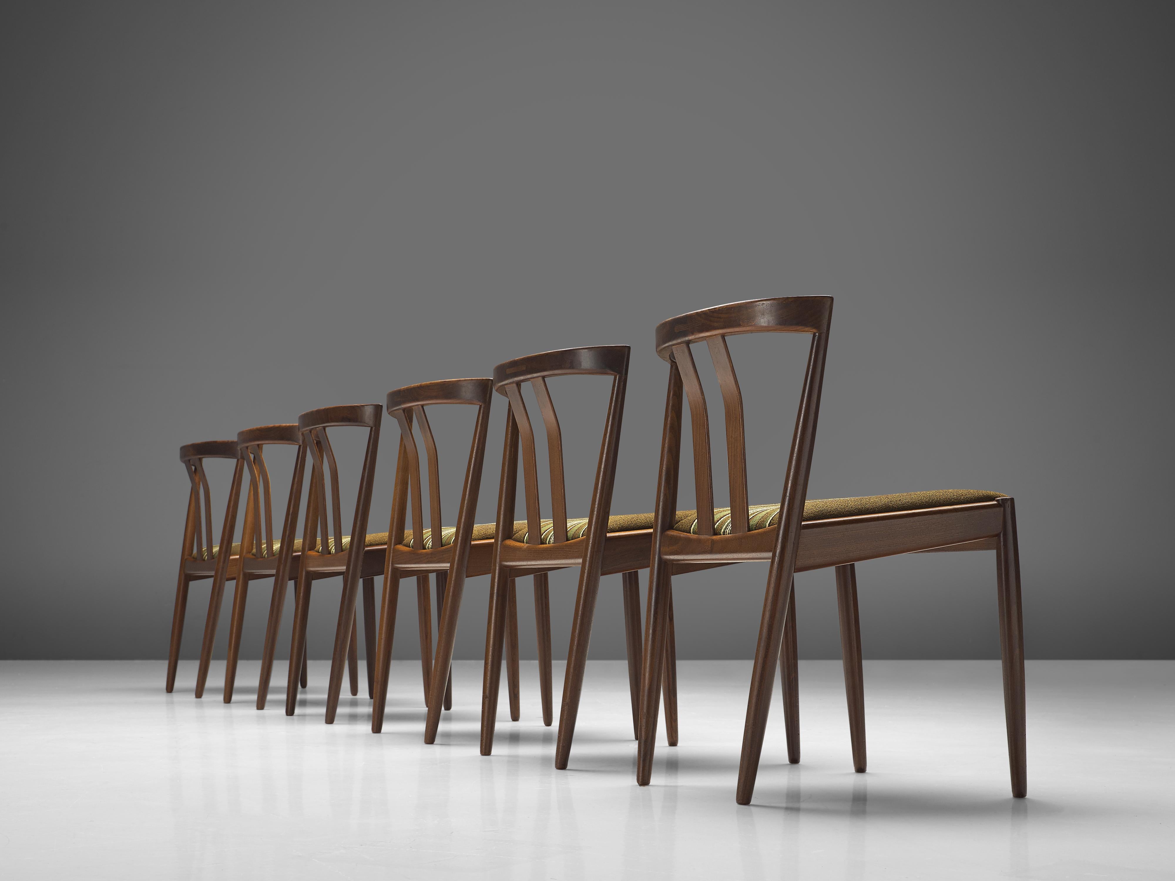 Danish Set of Six Dining Chairs in Teak and Striped Wool  For Sale 2
