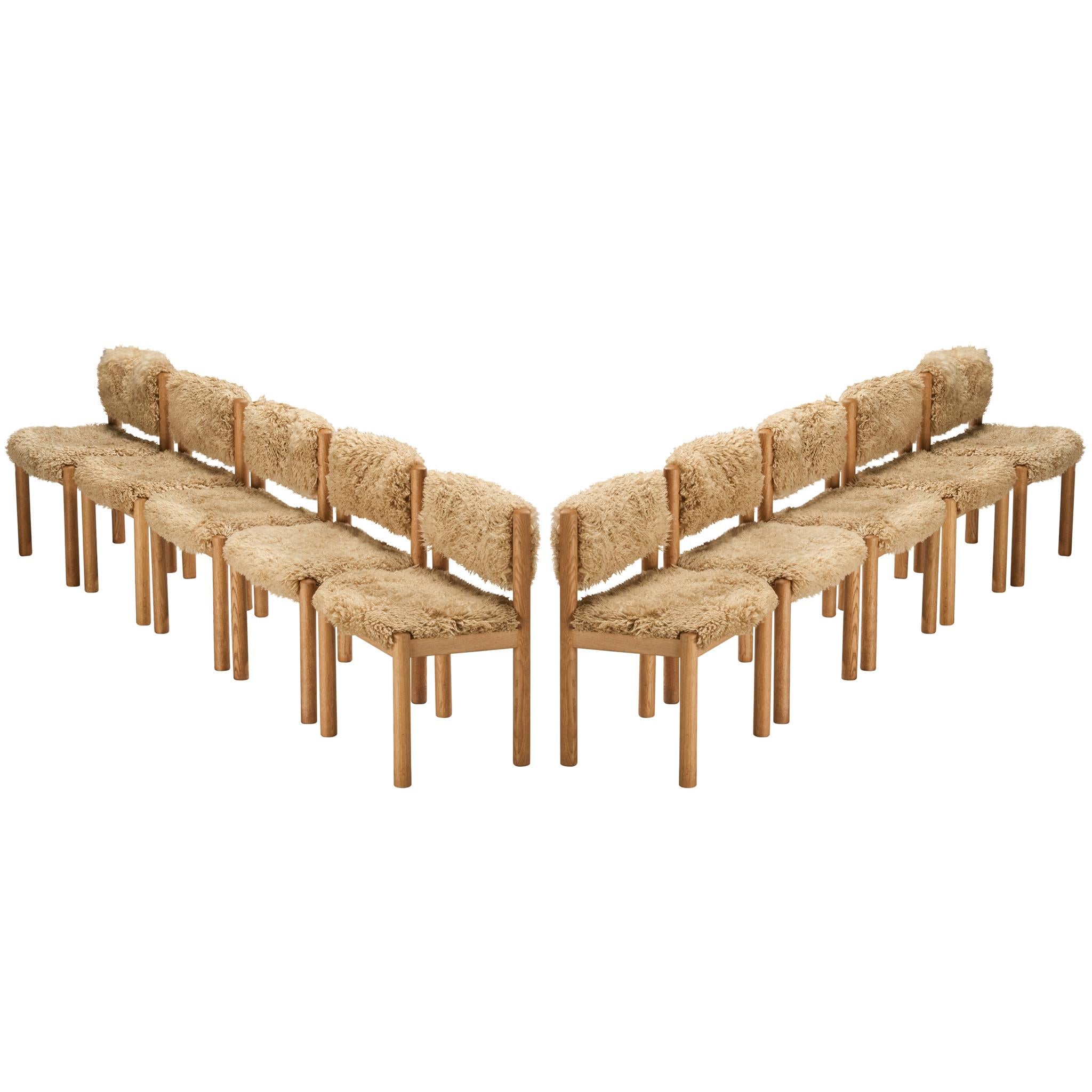Danish Set of Ten Dining Chairs in Oak and Sheepskin