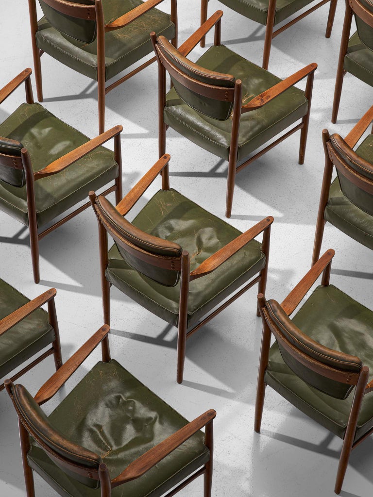 Danish Set of Twelve Dining Chairs in Olive Green Leather For Sale at