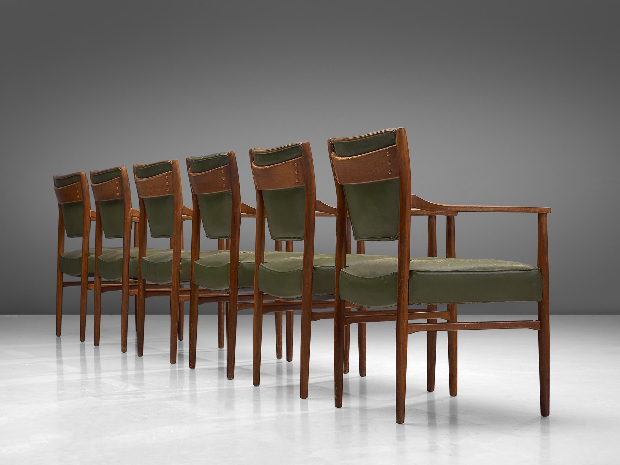 Scandinavian Modern Danish Set of Twelve Dining Chairs in Olive Green Leather