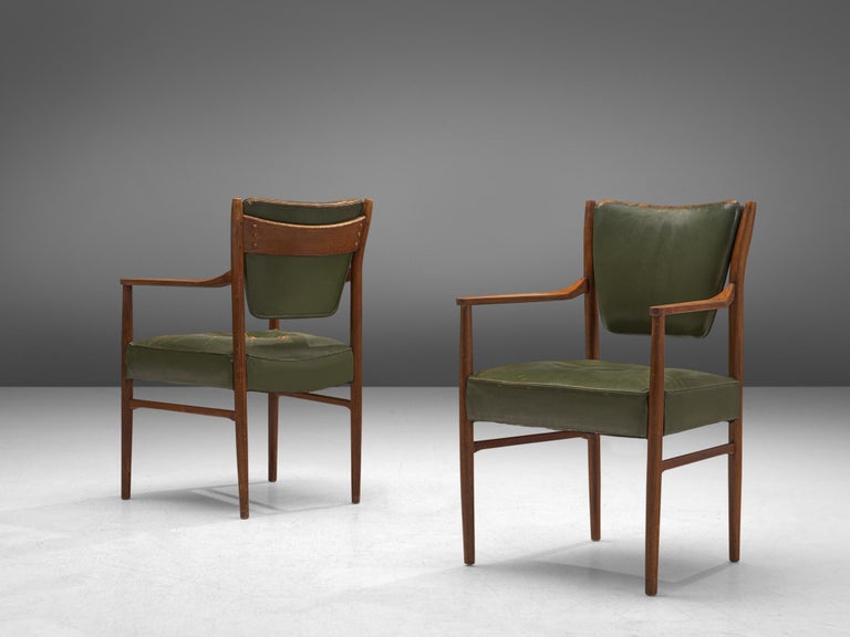 Danish Set of Twelve Dining Chairs in Olive Green Leather For Sale at
