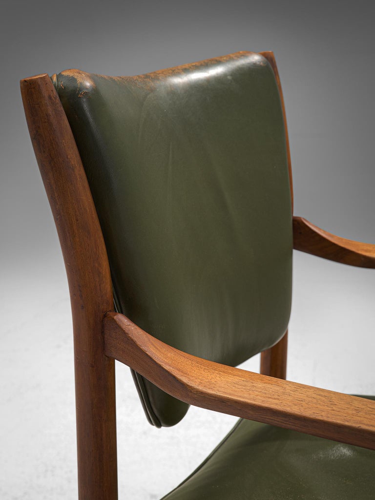 Danish Set of Twelve Dining Chairs in Olive Green Leather For Sale at